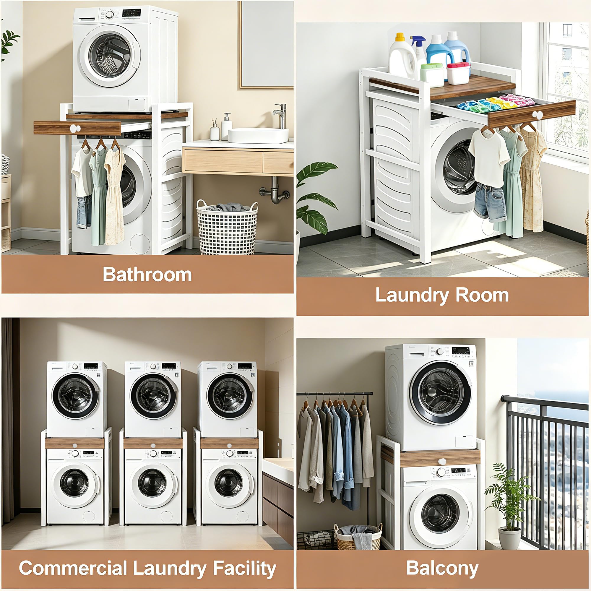 Estantería para lavadora, lavadora, secadora, armario de 3 alturas ajustables sobre lavadoras, capacidad de carga de 350 kg, armario para cuarto de baño, balcón (blanco con estante)