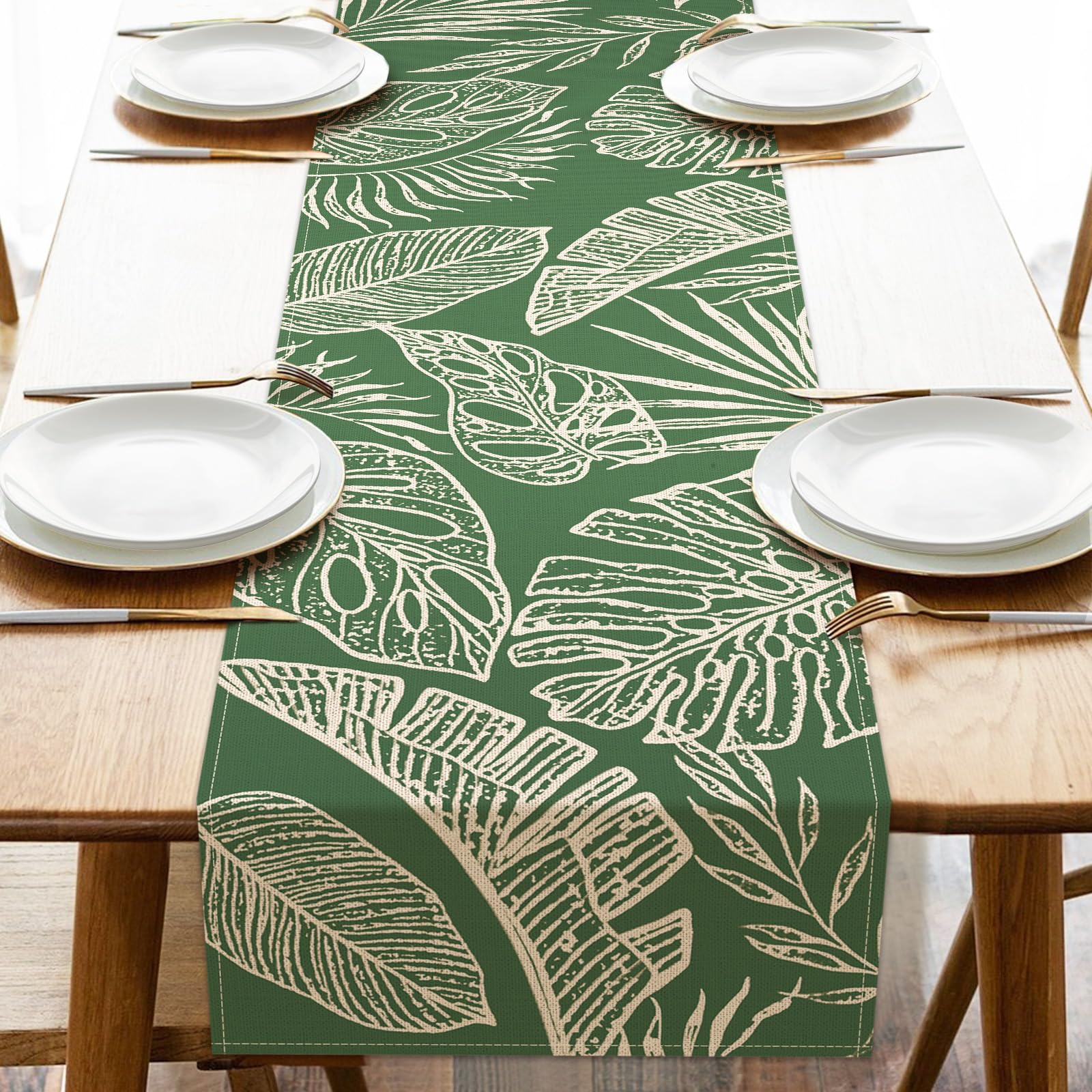 Photo 1 of Uruney Spring Summer Tropical Plant Table Runner, Green Palm Leaves
