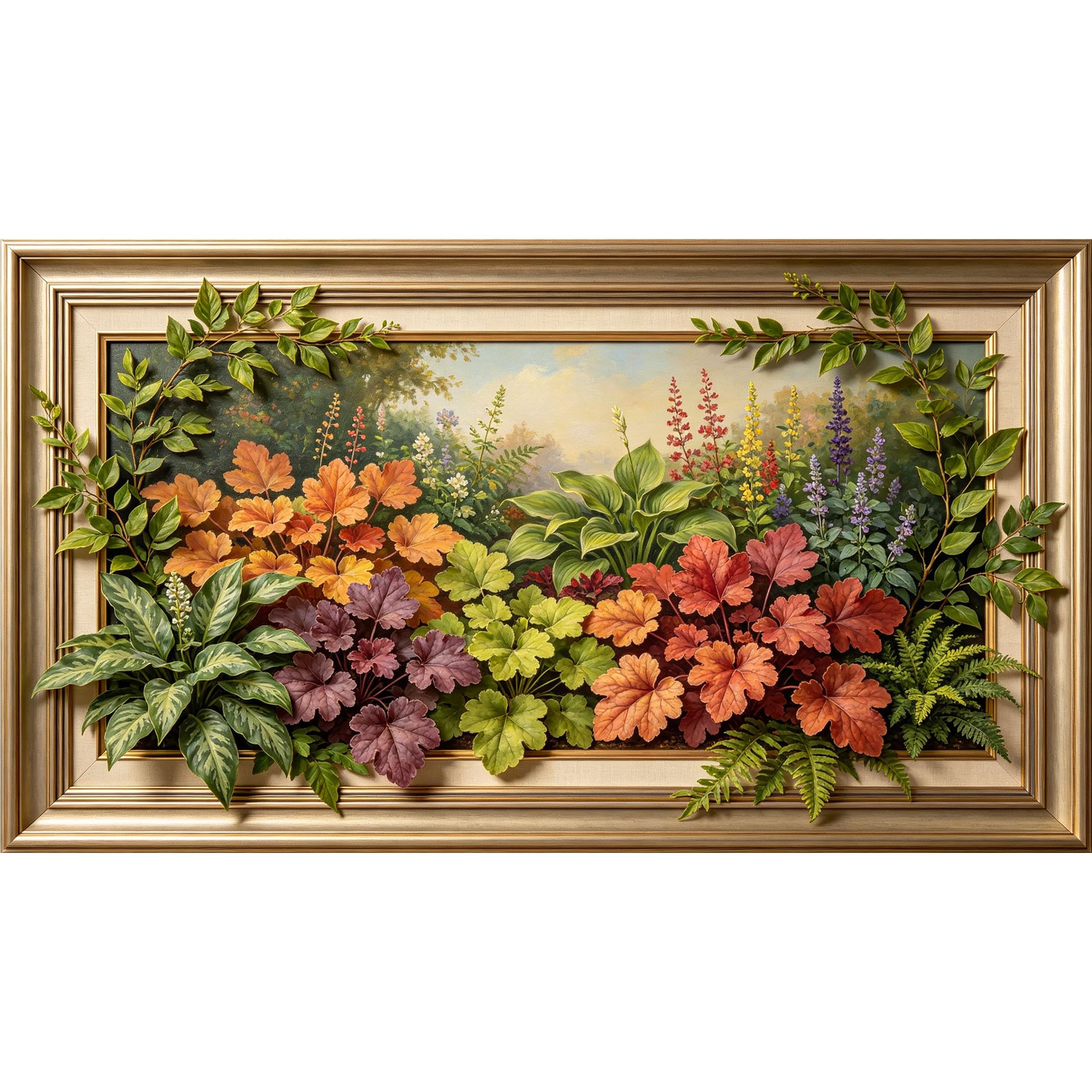 QZLITHOTIC 50x90cm3D Framed Wall Art， Botanical Garden Foliage Autumn Leaves Floral Landscape Self‑Adhesive Mural， Water‑Activated Peel & Stick Fabric Decor Wall Decal for Bedroom Living Room
