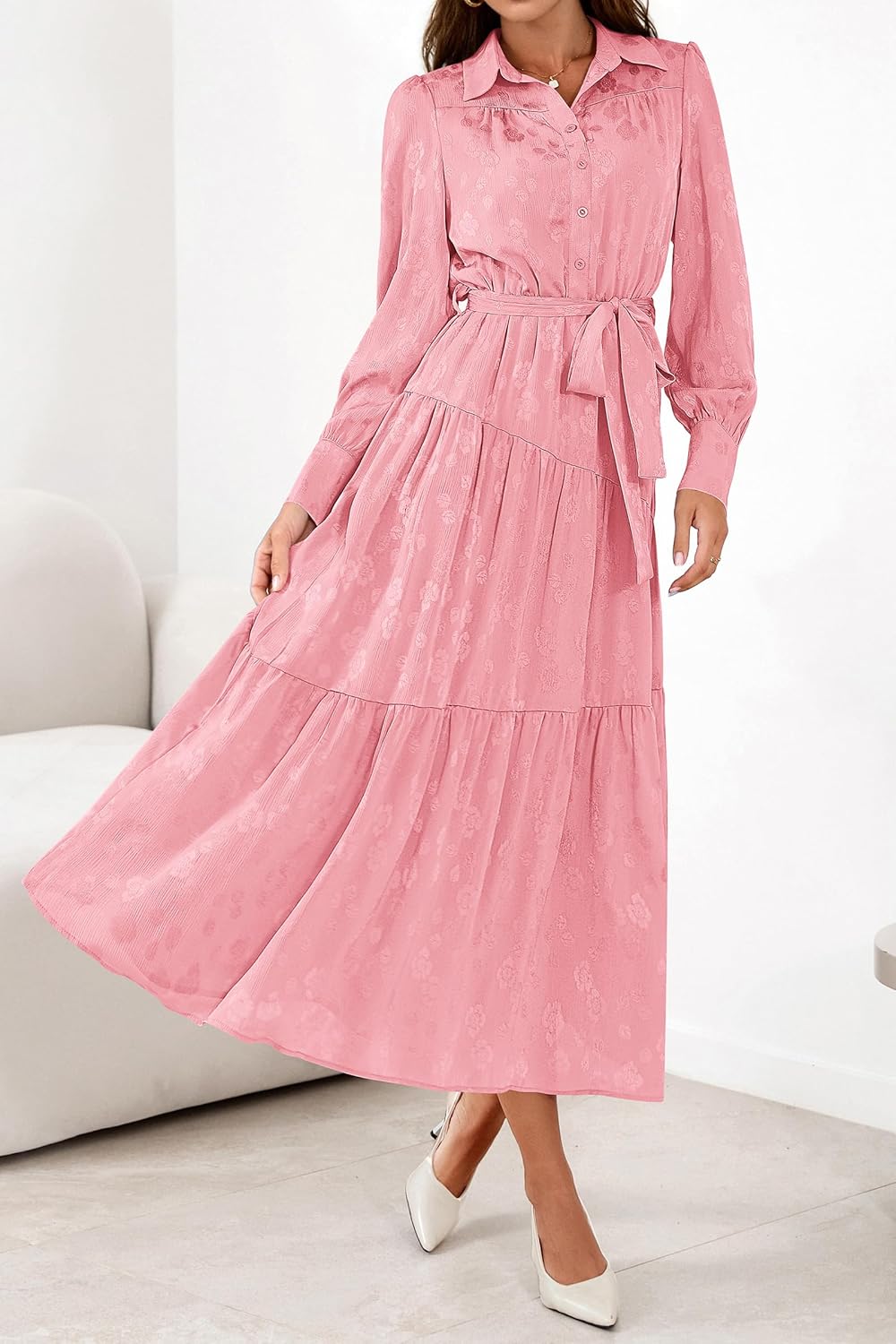 dowerme Women's Casual Dresses 2025 Fall Fashion Long Sleeve Button Up Floral Print Belted Tiered Boho Maxi Party Dress - Image 2