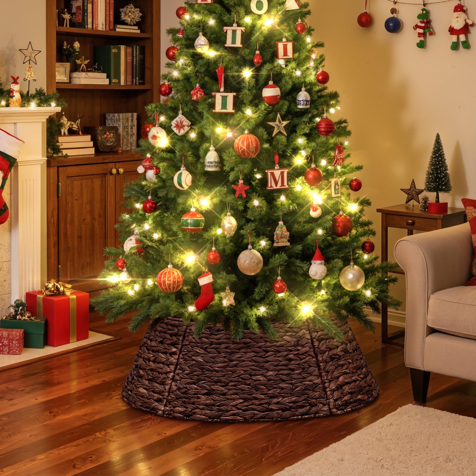 Lanpn Rattan Collana Albero di Natale 106 cm, Cerchio Gonne Albero di Natale Christmas Tree Collar Per Grande Alberi Artificiali Interno - Decorazioni Natalizie (Marrone)