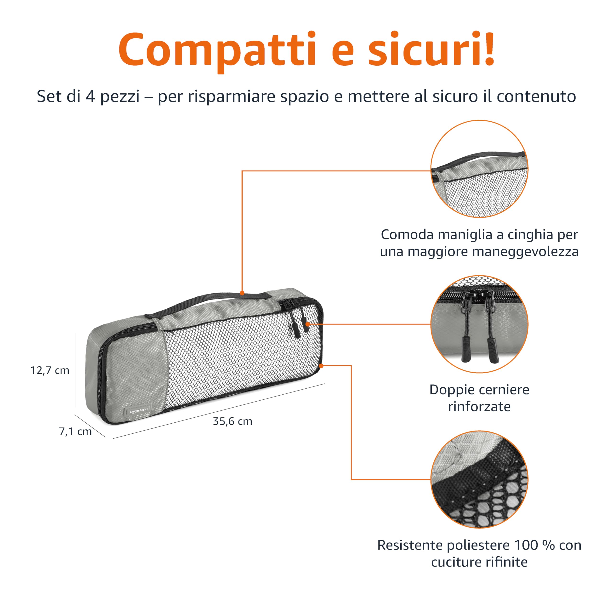 Amazon Basics Organizer da Viaggio Salvaspazio per Valigie, con Cerniera, Set da 4 Pezzi, Sottile, Grigio