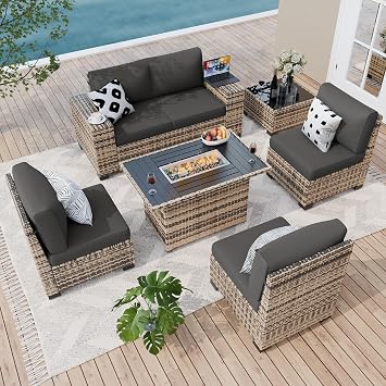 Amopatio 7 Piece Patio Furniture Set with 8" Armrest & 44" Fire Pit Table, Outdoor Wicker Rattan Sectional Sofa Conversation Set for Backyard, Garden, PoolsideGrey Cushion