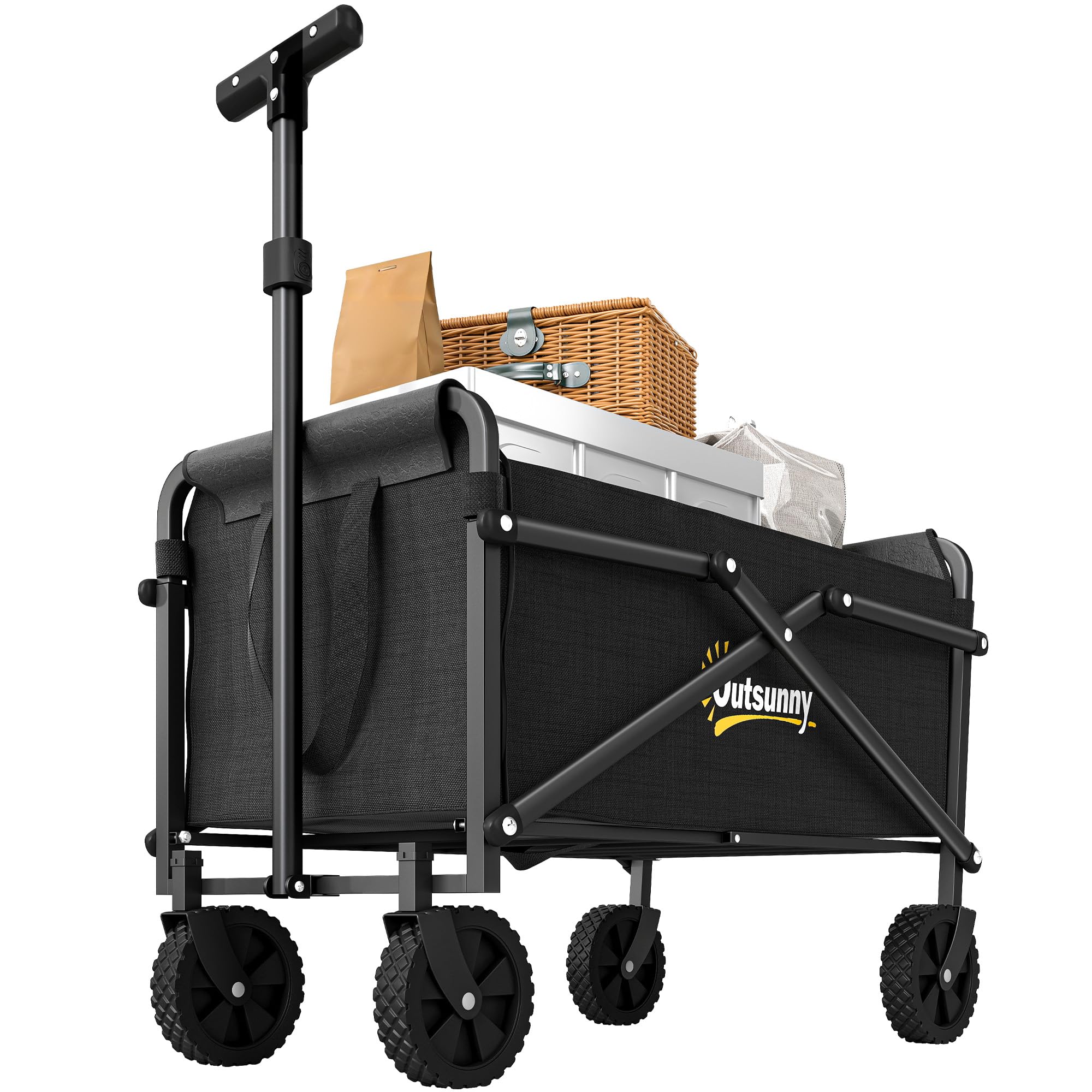 Outsunny Bollerwagen Faltbarer Handwagen 360° Gartenwagen Transportwagen mit verstellbarem Griff Strandwagen bis 60 kg Tragkraft, für Sport, Einkauf, Camping, Schwarz