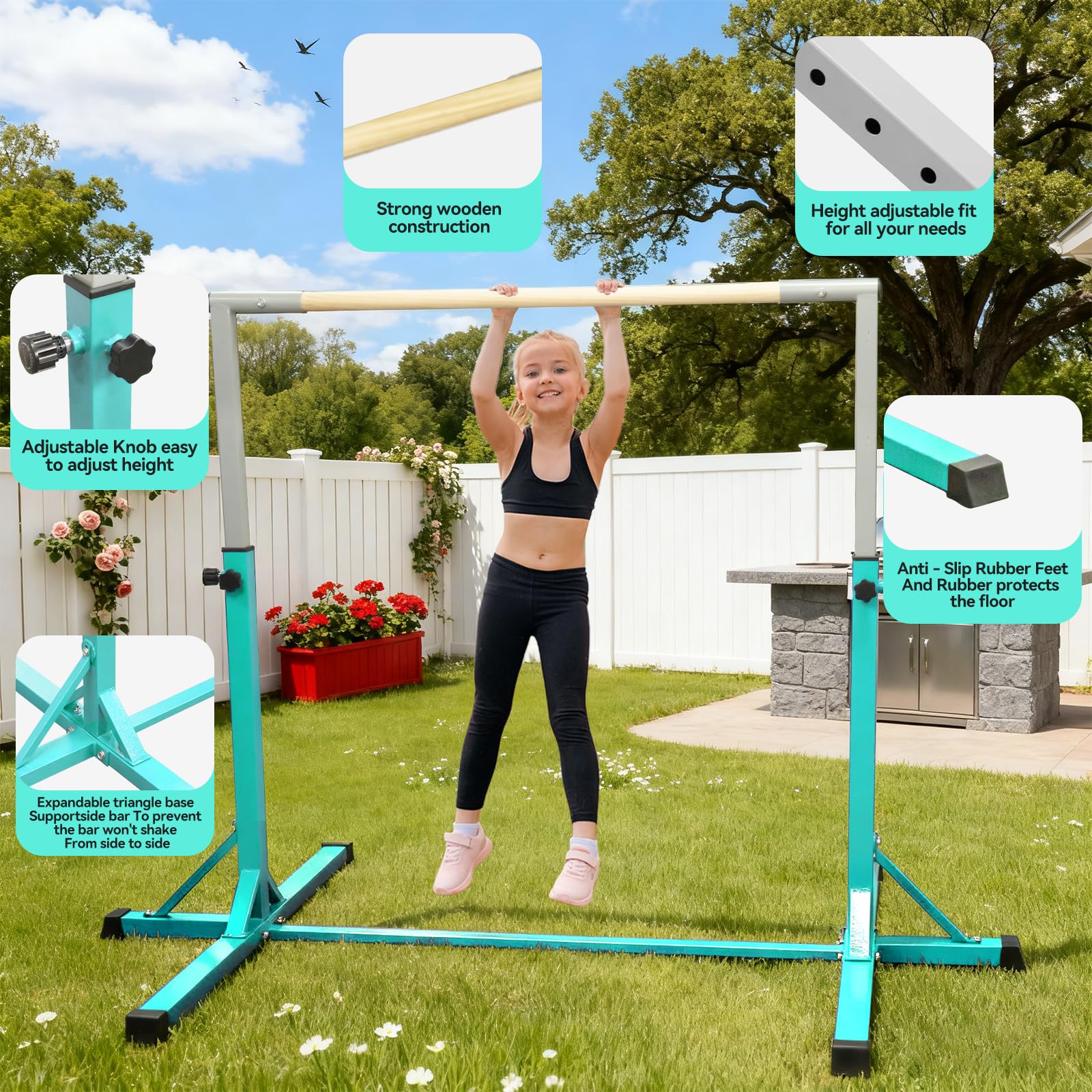 FBSPORT Barra de Gimnasia para Niños Altura Ajustable 13 Niveles con Anillos Expandible Verde