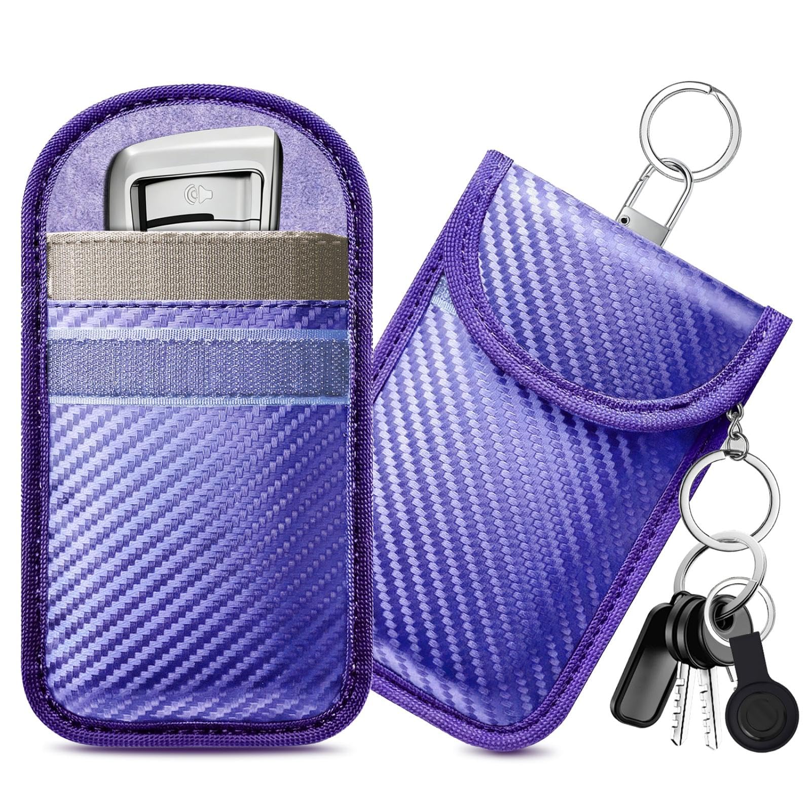 caslord Keyless Go Schutz Autoschlüssel, 2 Stück Klein Faraday Taschen Kohlefaser Leder, Keyless Go Schutzhülle RFID Blocker Schlüsseletui- Lila | Dreischichtige Abschirmung | Set mit 4 Schlüsselanhängern | Wasserdichtes Leder | Größe S 11,5 x 7,5 cm | Hellviolett