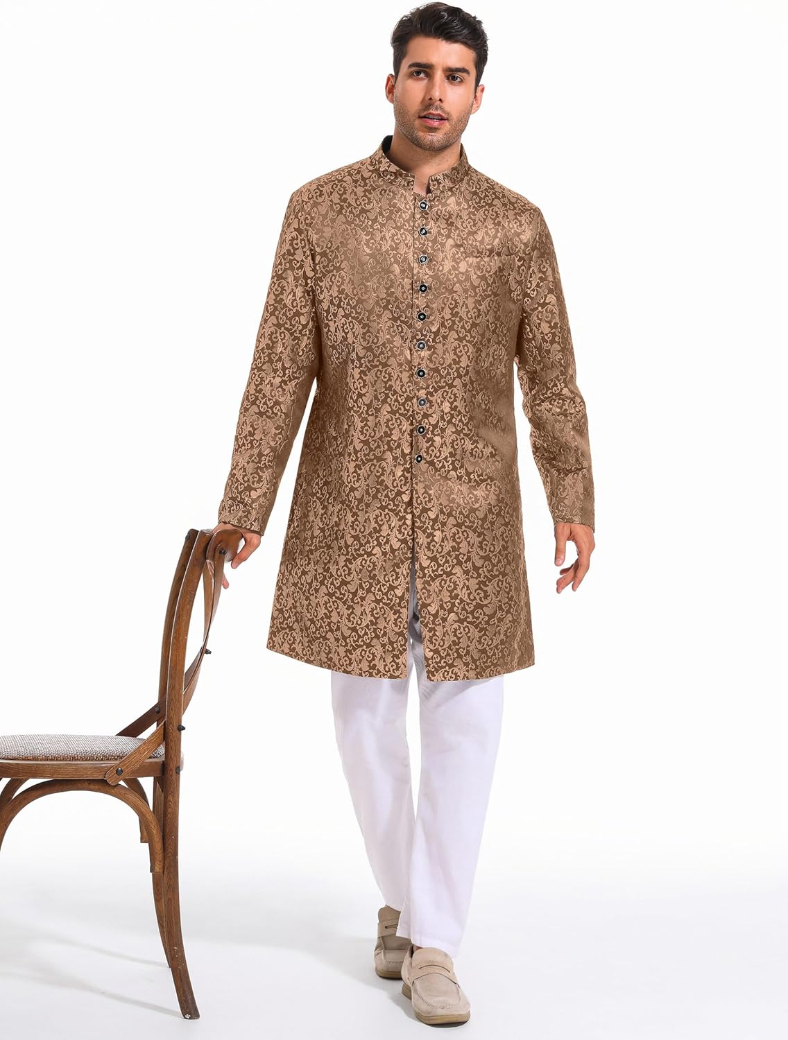 Runcati Mens Kurta Sherwani Coats Kaftan Indian Ethnic Royal Suits Mandarin Collar Wedding Festive Party Blazer - Image 3