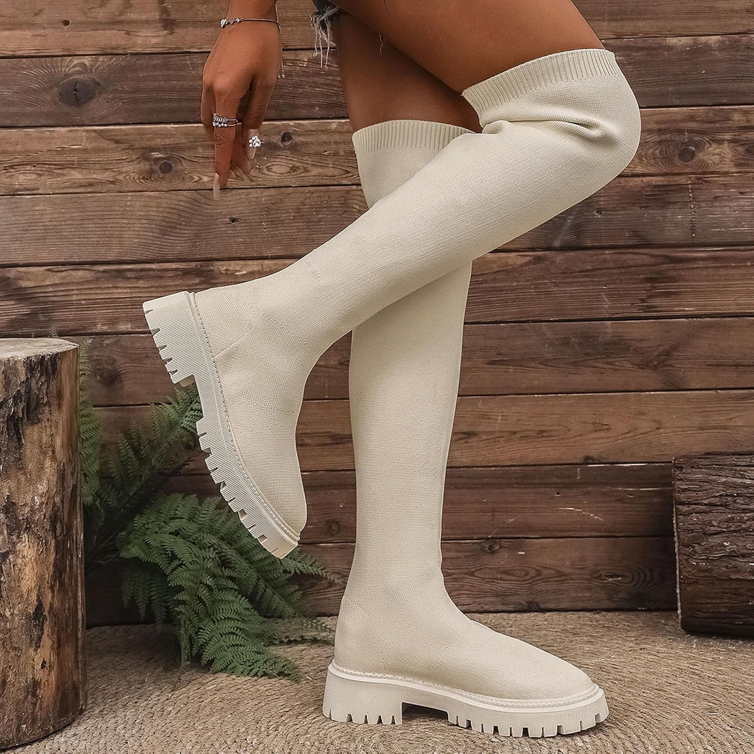 White Over the Knee Stocking Boots for Women:Fashion Thigh High Strentch Knit Booties Wedge Low Heels Footwear Shoes