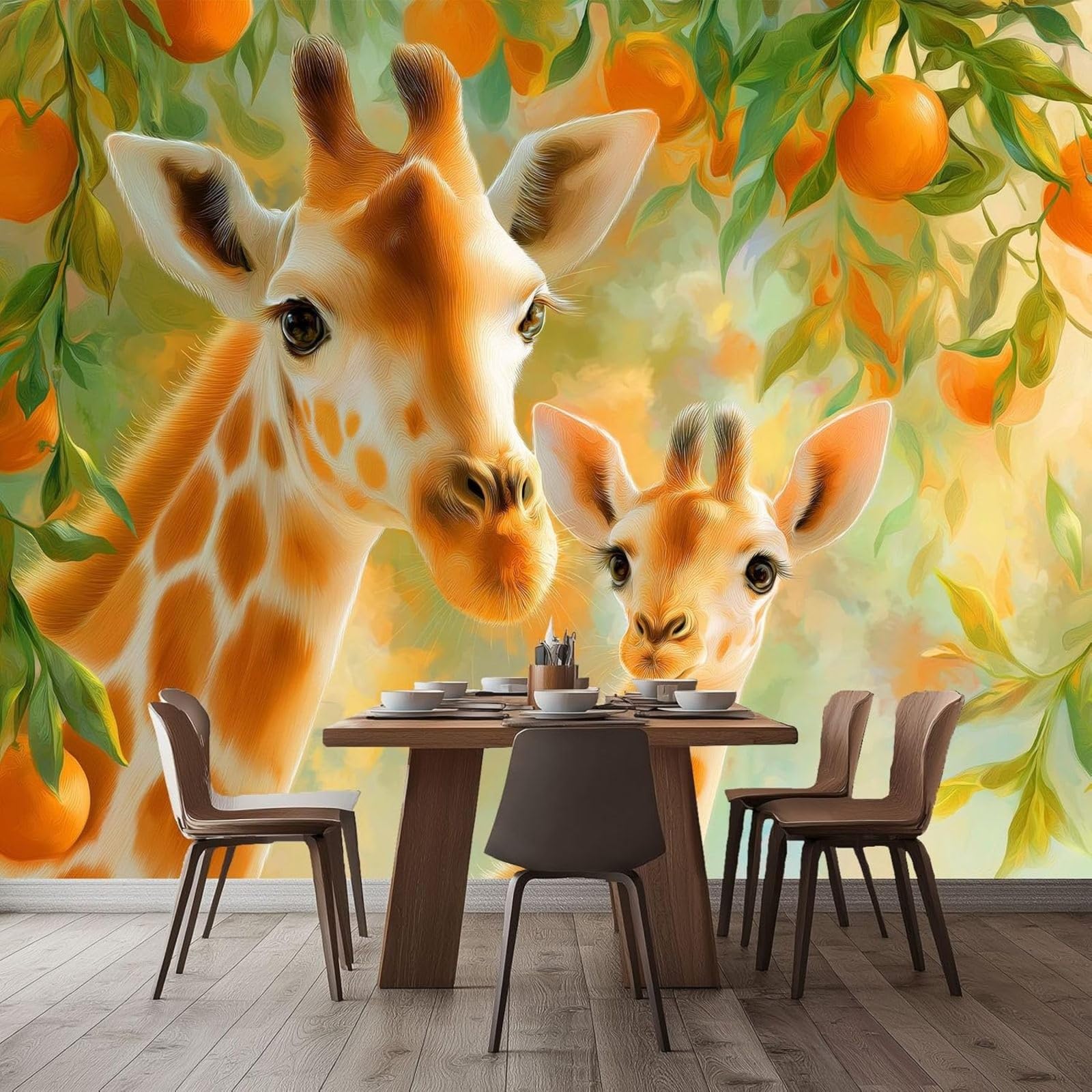 pdghsdkgjh 3D Photo Wallpaper Fantasy Animals Oranges Giraffes Yellow, Non-Woven Wall Decoration for Bedroom Living Room Sofa Background, 350cm x 256cm Stickers - Frameless Painting - Poster