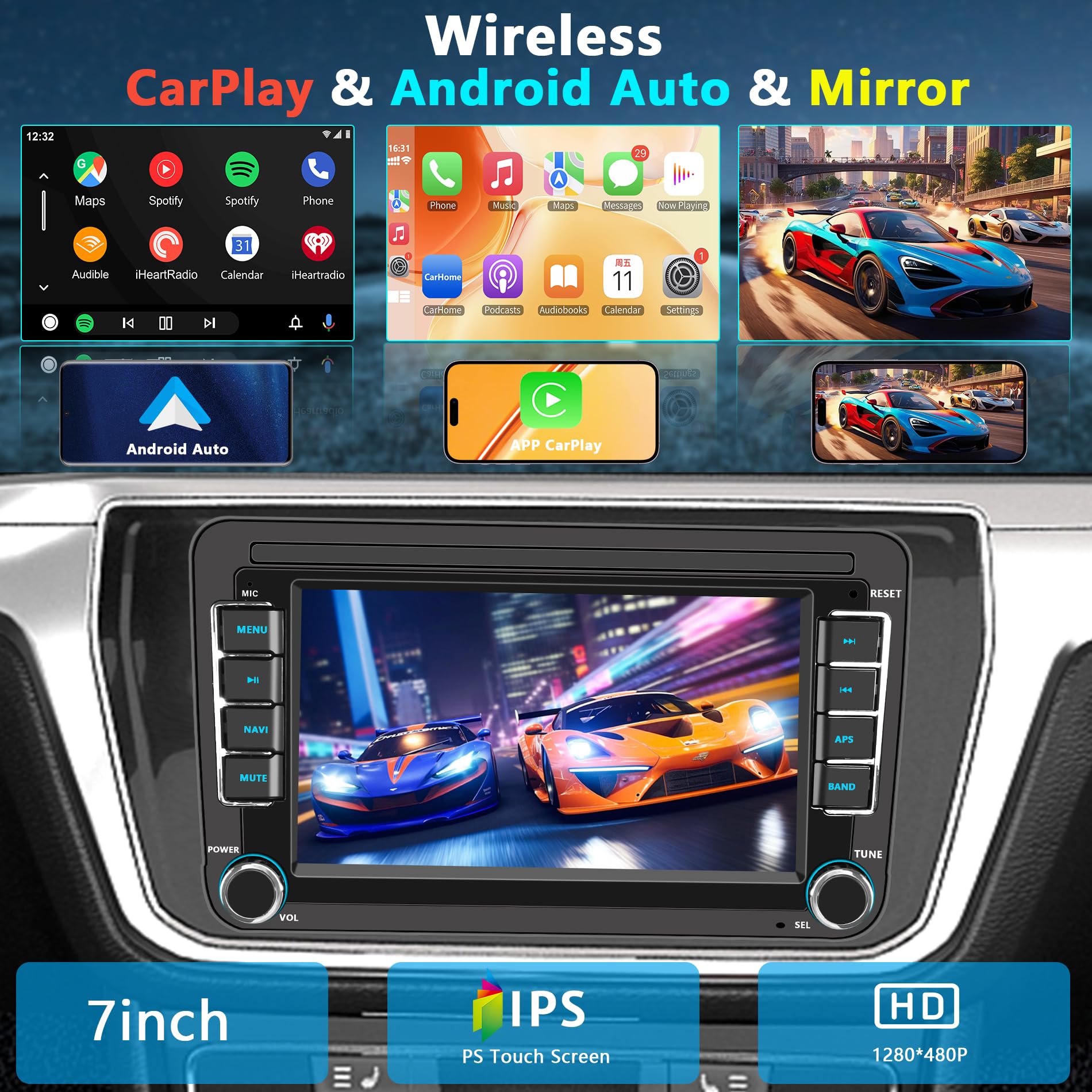 Radio carplay pour Pantalla Volkswagen VW Golf 5/6 Polo Passat Jetta Caddy EOS T5 Tiguan Touran CC con Wireless Carplay Android Auto 7 Écran IPS con Bluetooth/FM/RDS Radio/USB/SWC/Plug & Play/GPS