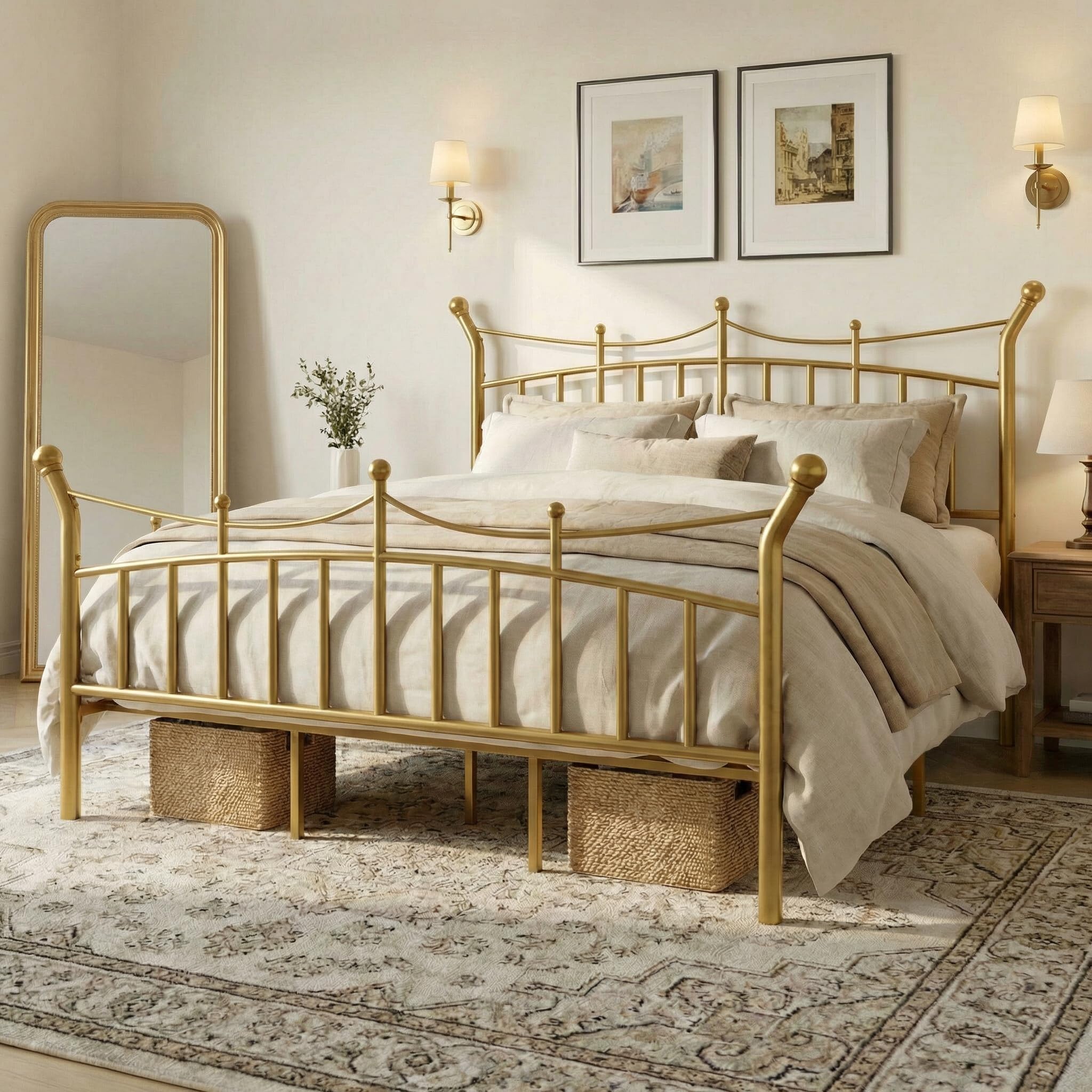 SHA CERLIN 14 Inches King Size Metal Platform Bed Frame with Crown Style Victorian Headboard & Footboard, Ample Under Bed Storage, Noise Free, Easy