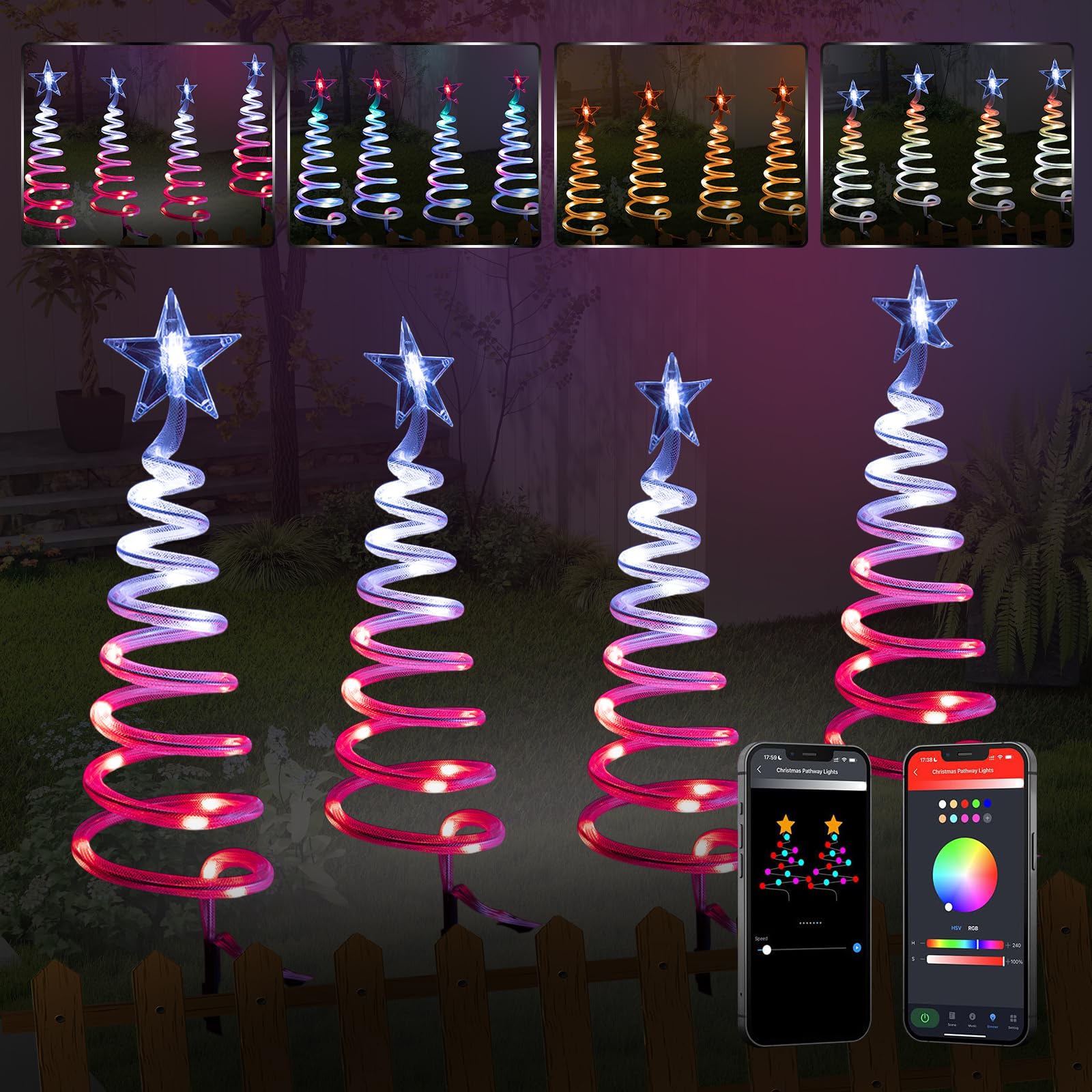Photo 1 of 4 Pcs Smart Spiral Christmas Pathway Lights Outdoor Smart Multicolor Spiral Xmas Trees Lights with APP & Remote Control, DIY, Timer, Waterproof, LED Christmas Outdoor Decorations for Yard Walkway