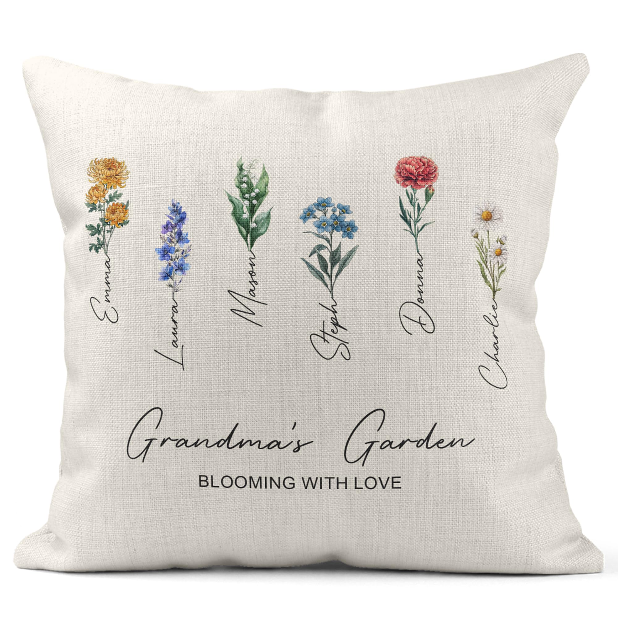 Personalised Family Flower Cushion, Custom Name Pillow Gift for Mum Wife Grandma, Birthday Christmas Mother’s Day Present, Floral Home Decoration, Sentimental Keepsake, Sleeping - Blooming With Love