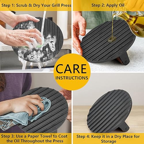 Miniatura 6 de Leonyo Smash - Prensa de hamburguesas, 4 piezas de prensa de tocino para plancha, prensa redonda de hierro fundido para parrilla plana, trituradora