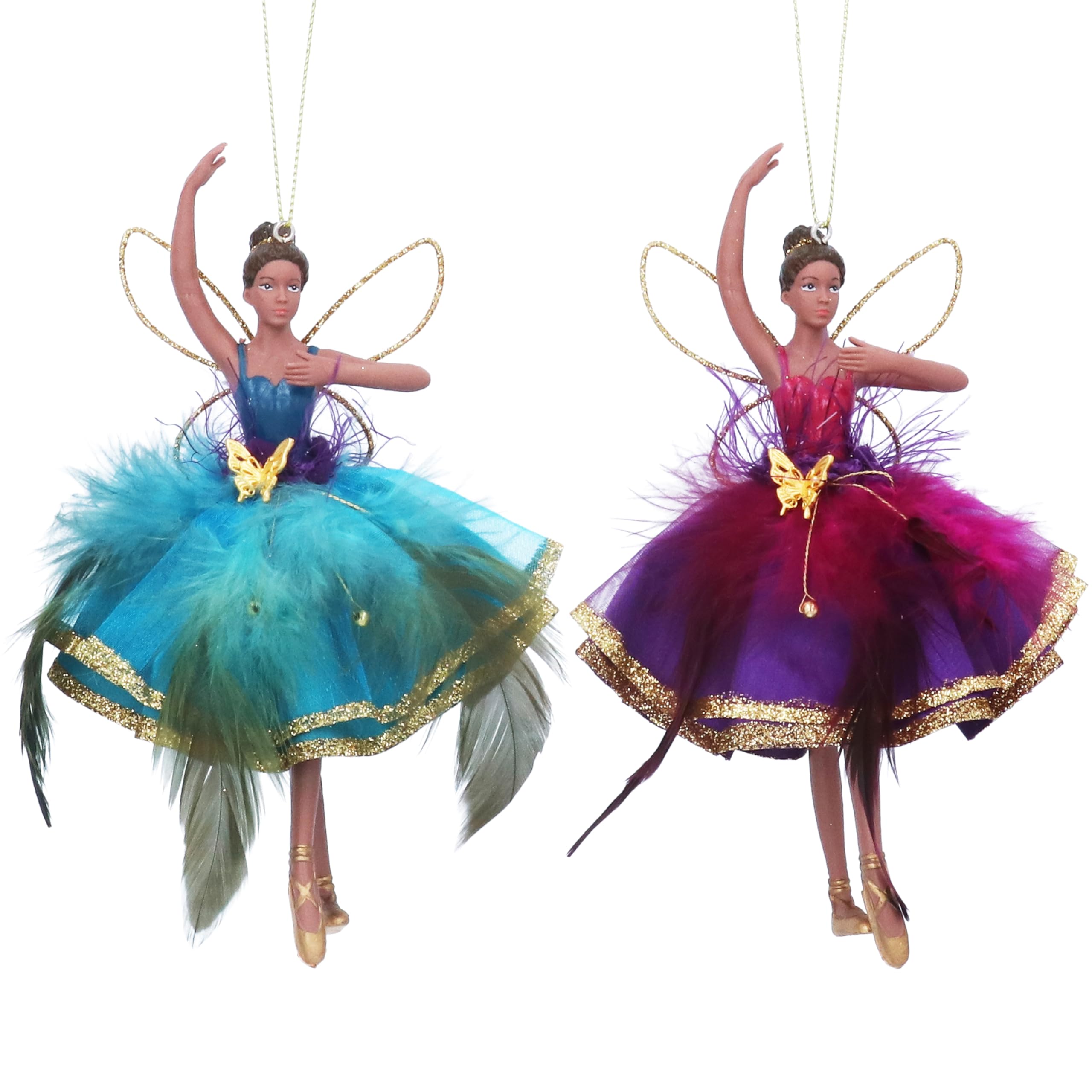Gisela Graham Teal & Purple Resin & Fabric Fairy With Feather Skirt Set Of 2