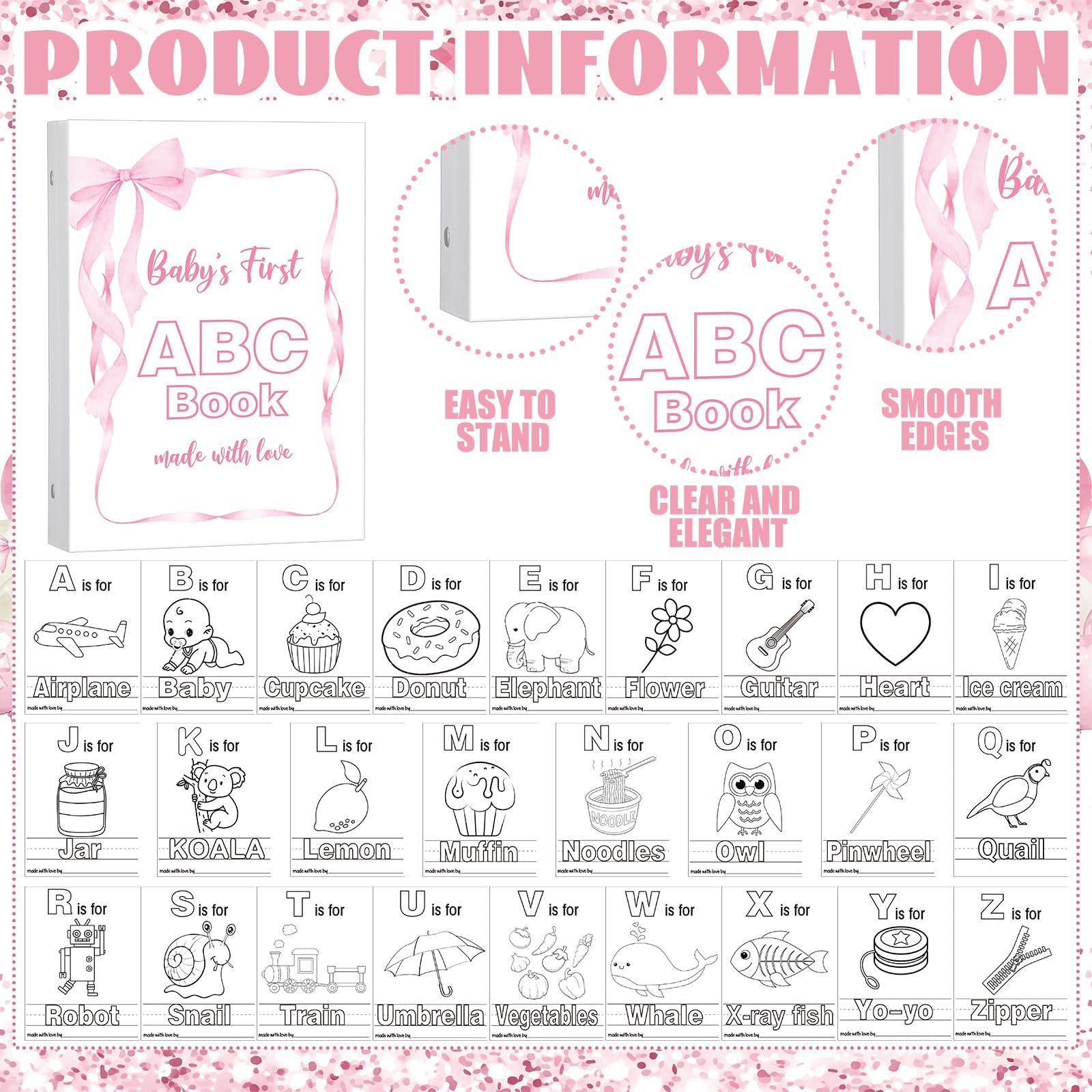 Pink Bow First Abc Book Baby Shower Attività Keepsake per adulti Baby Shower Abc Coloring Guest Book Alternativa 26 Alfabeto dalla A alla Z Carta da colorare con 24 matite 60 Mollette