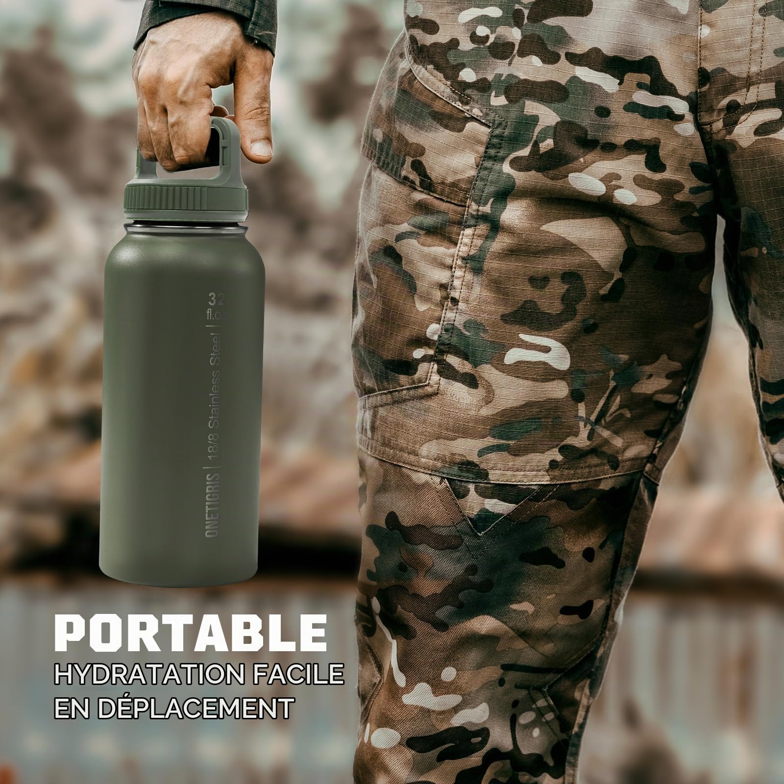 OneTigris Gourde Sport, 0.9l Gourde en Acier Inoxydable avec un Bon Effet d'Isolation, Idéal pour Vélo, Camping, Yoga, Gym, Airsoft,32oz（Vert OD)