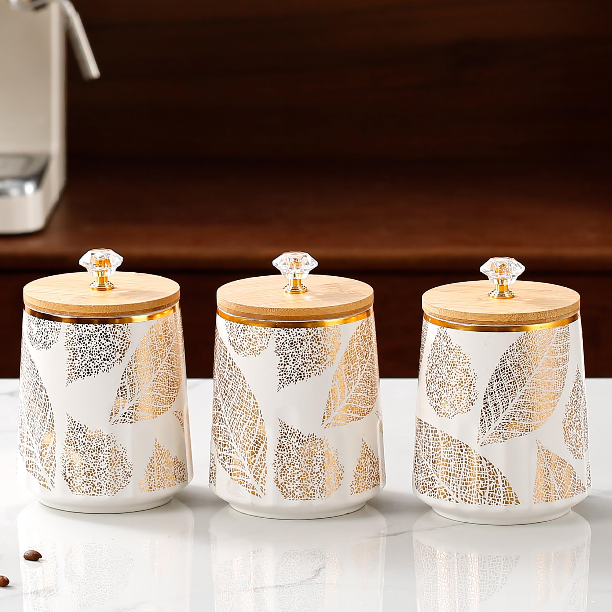 Kuber Industries Set of 3 (650ml) Airtight Ceramic Salt Jar Storage Set with Bamboo Wooden Lid For Kitchen Condiment | Chini Mitti Barni Pots Container for Spices | Multicolor-PLS7001-L