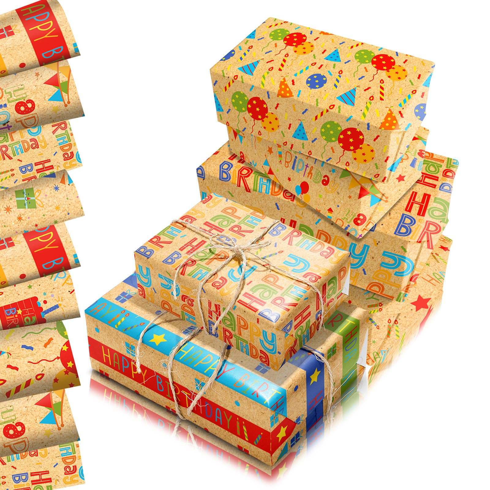 Birthday Wrapping Paper Sheets 68x50cm,12 Sheets Eco Gift Wrapping Paper,Recyclable Kraft Present Birthday Wrapper for Boys Girls Men Women Kids Adults Birthdays Party Gift Wrap Boxes Decorations