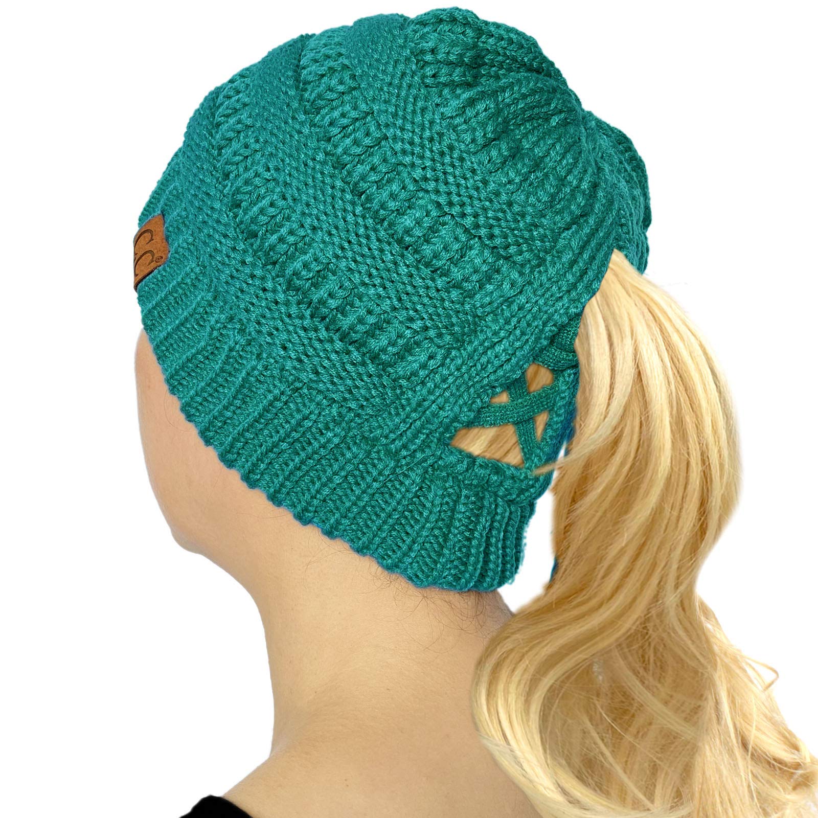 C.C Criss Cross Ponytail Messy Buns Knit Stretchy Beanie Winter Cap Hat