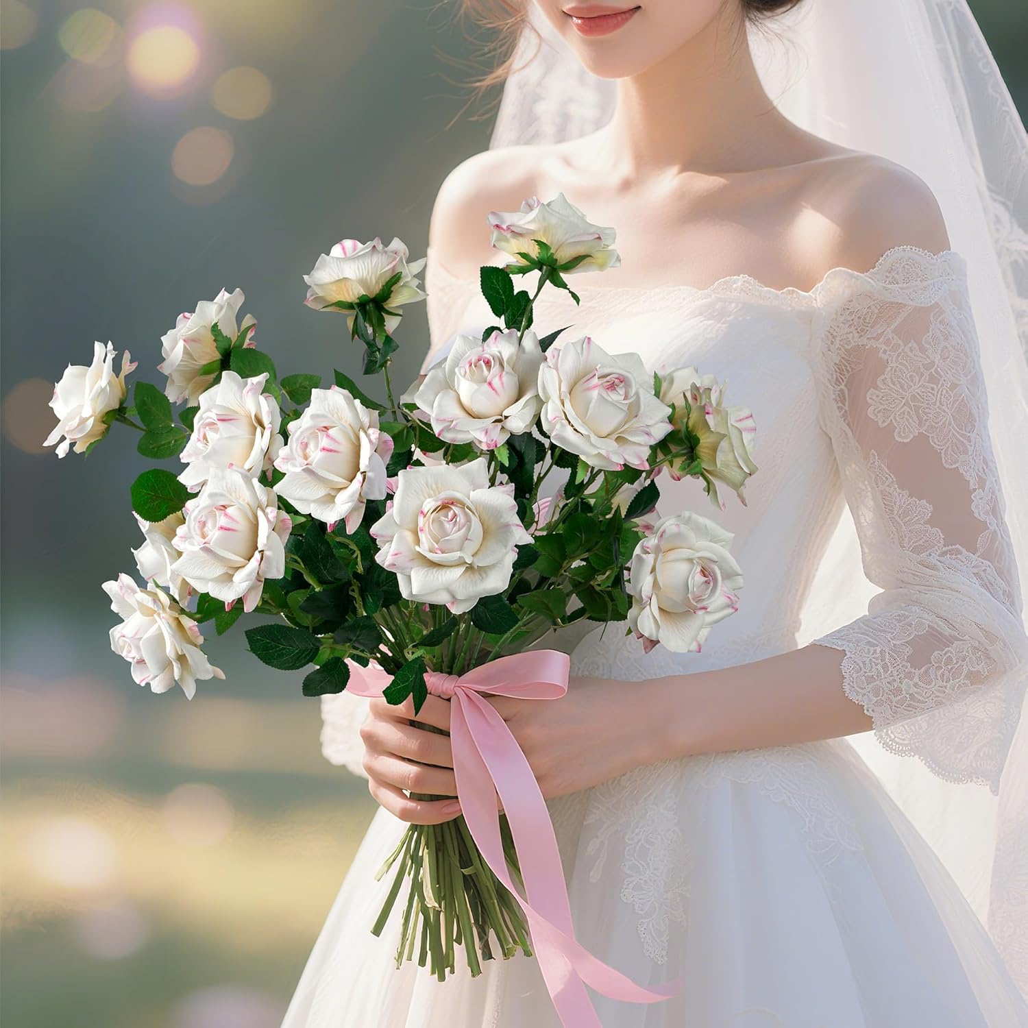 Artificial Flowers Artificial Roses Fake Roses 23.2In Long Stem Artificial Flowers for Tall Vase Silk Rose Suitable for Wedding Decor Valentine's Day DIY Bouquet Spring,Pattern White,20PCS