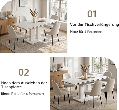JIEXI Dining Table and Chairs Set 6, 140-180 cm Extendable Rectangular Kitchen Table with Upholstered High Back Chairs, Modern Dining Room Furniture Set for 6 People