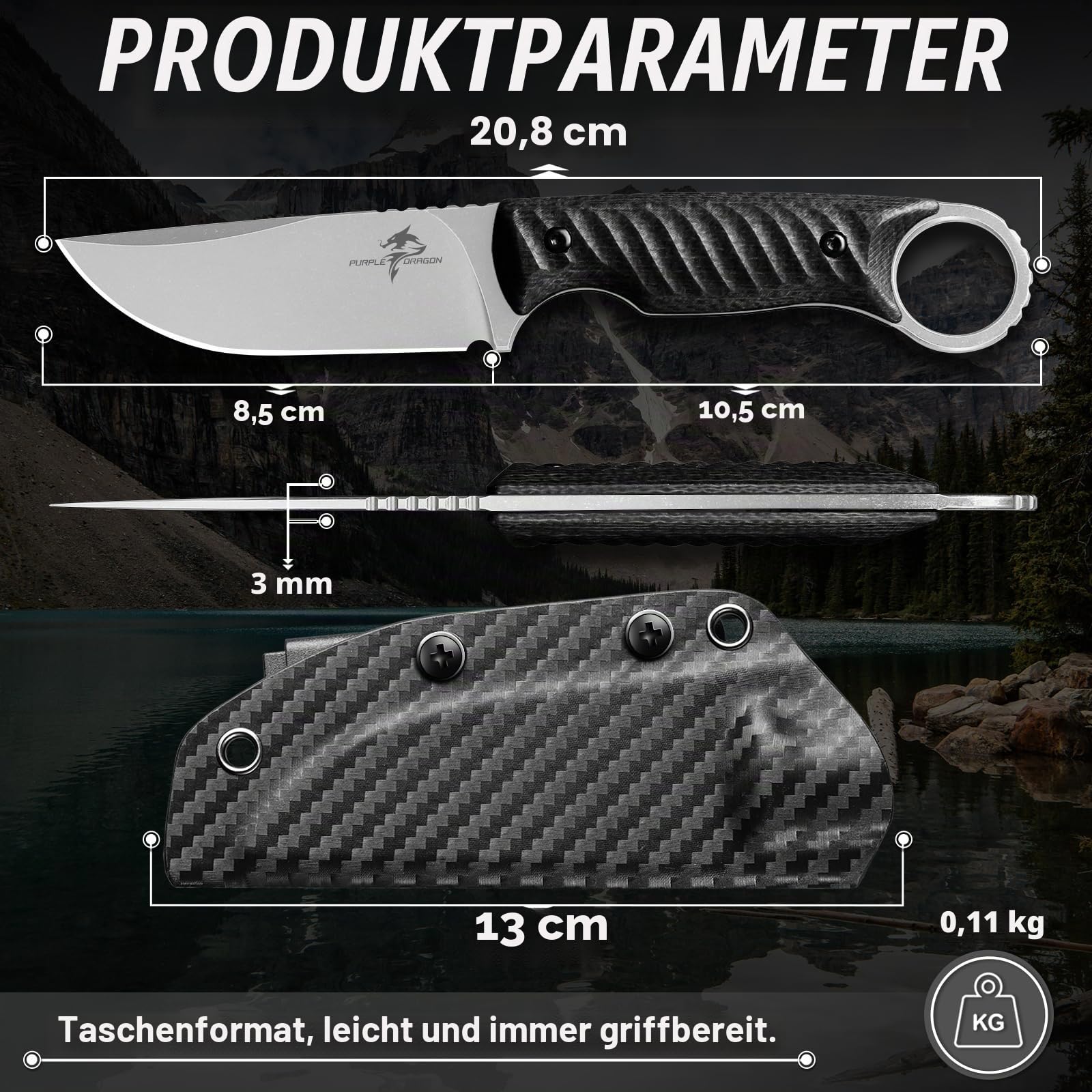 Purple Dragon Outdoor Survival Messer,D2 Stahl Klinge,Schwarz G10 Ringgriff