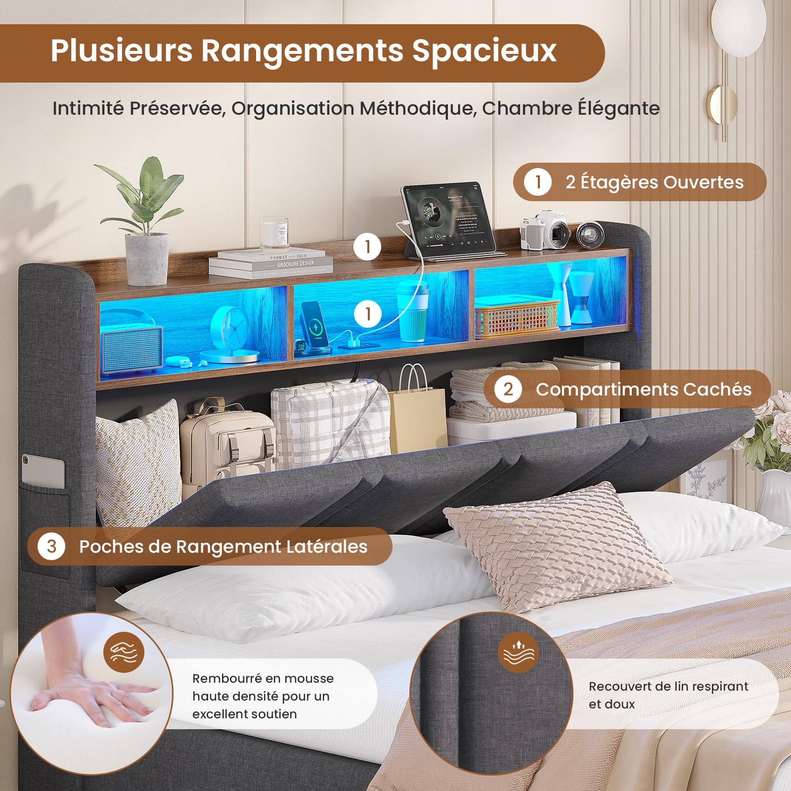 AOGLLATI Lit Coffre 140x190 avec Rangement Hydraulique, Lumières LED et Prise, Tête de Lit avec 3 Étagères Ouvertes & Compartiment Caché, Sommier à Lattes, Lit 2 Personnes, Sans Matelas,Lin Gris Foncé