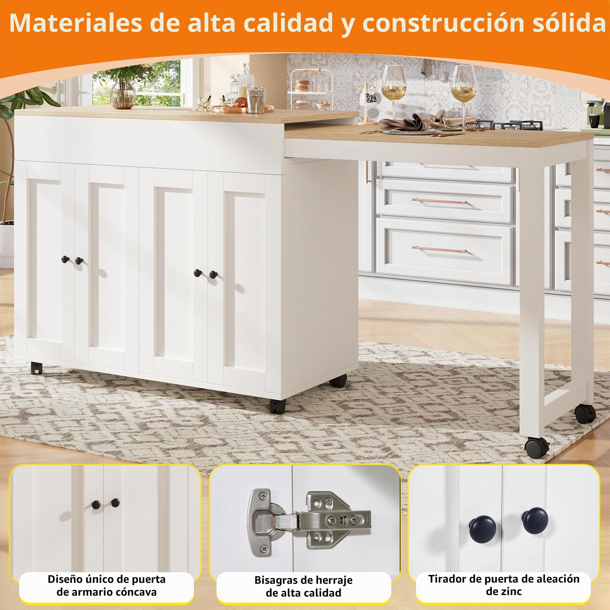 Mesa de Bar Extensible Mesa de Comedor Extensible Moderna 117-180x50x94.6 cm, Isla de Cocina con Ruedas, Mesa de Bar Móvil, Armario de Cocina Buffet Uso como Divisor de Salón, Blanco y Natural
