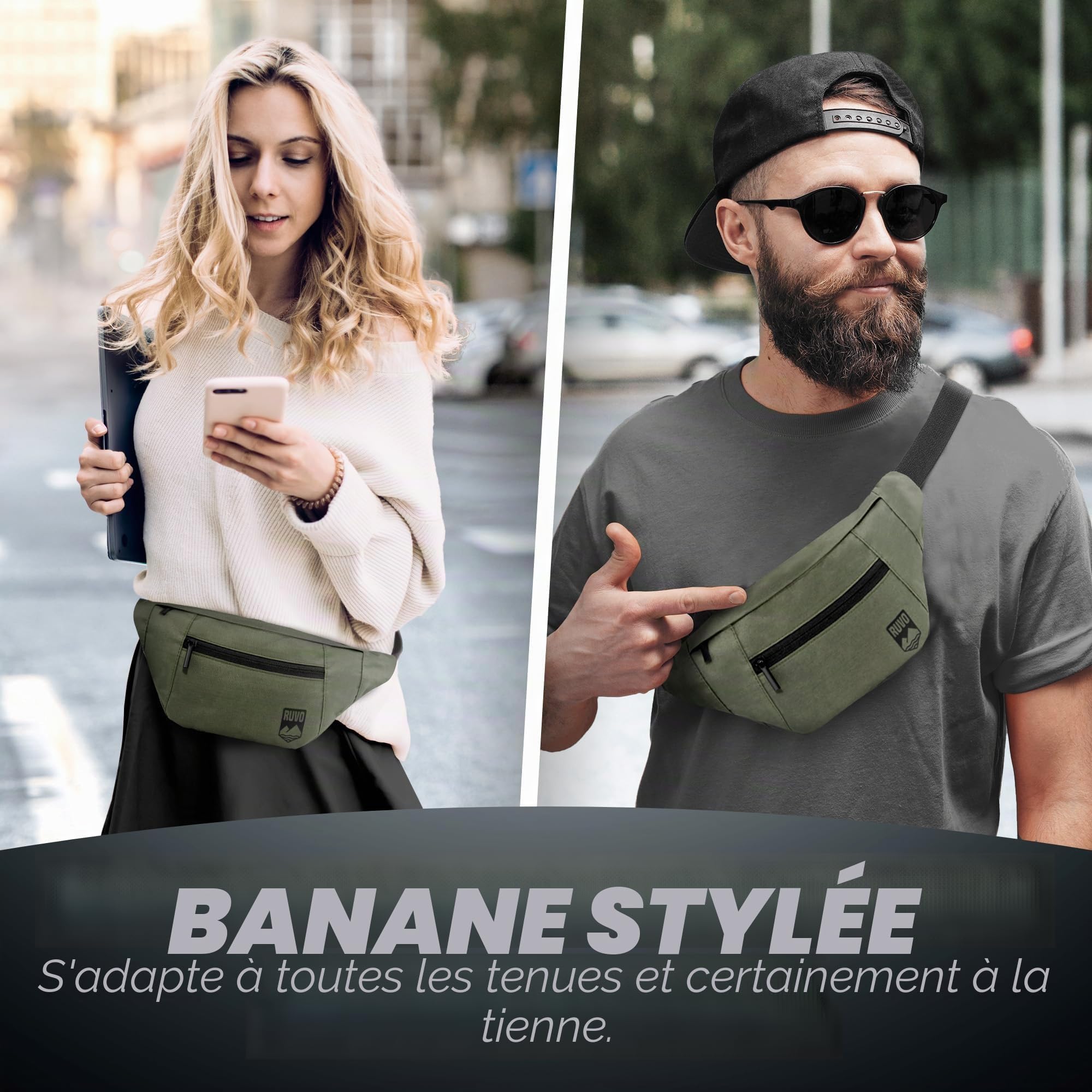RUVO® sac banane élégant - 4 compartiments, fermeture éclair - rangement maximal pour toutes les activités, Olive, taille unique