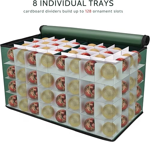 Miniatura 3 de Caja de almacenamiento para adornos de Navidad, almacena hasta 128 adornos navideños, contenedor de almacenamiento de Navidad con bolsillo lateral,