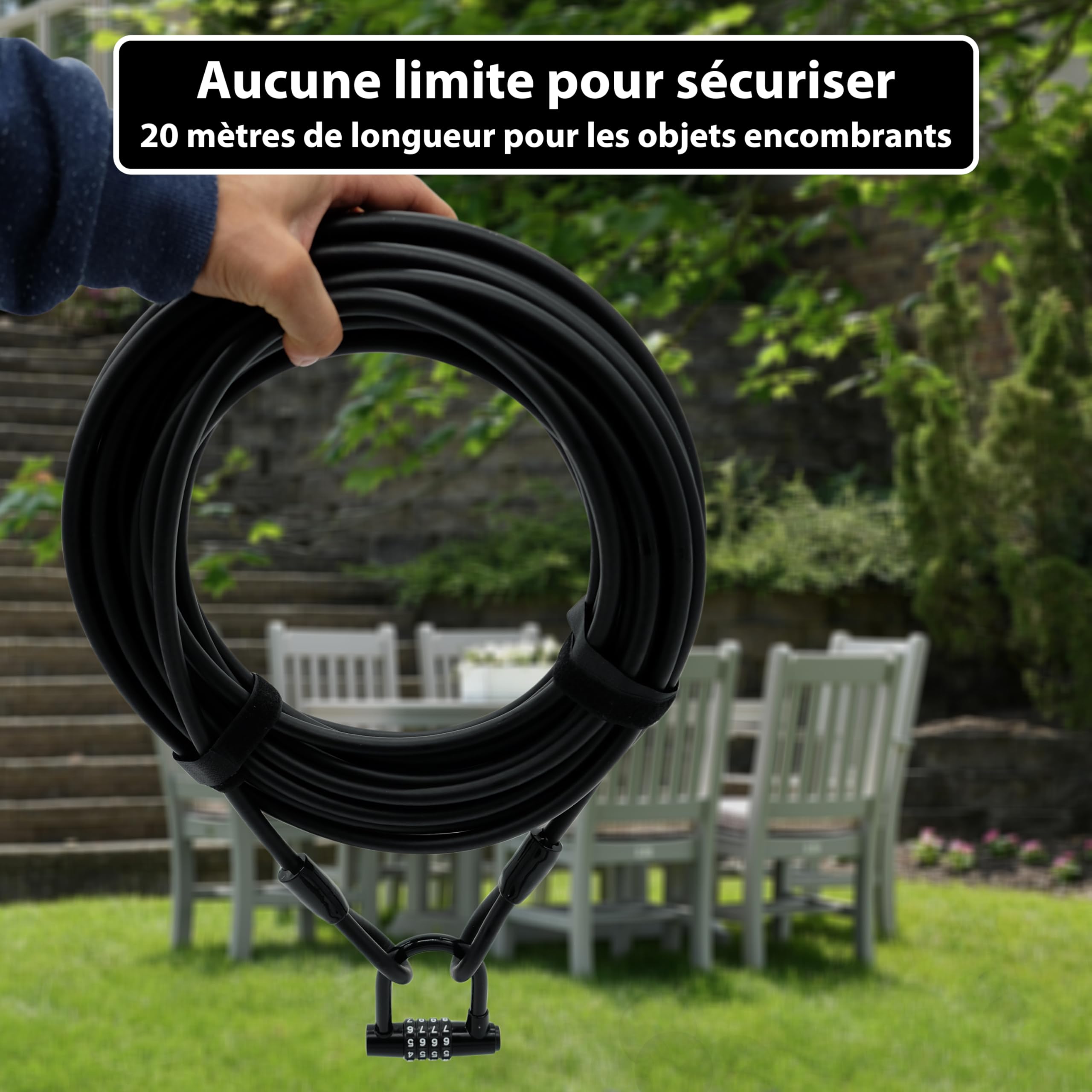 KOHLBURG cable antivol [20m de long, en acier] avec combinaison à chiffres – Serrure à code 2000 cm gaine cable de sécurité – Cadenas câble pour plusieurs vélos, bateaux, meubles de jardin, remorque
