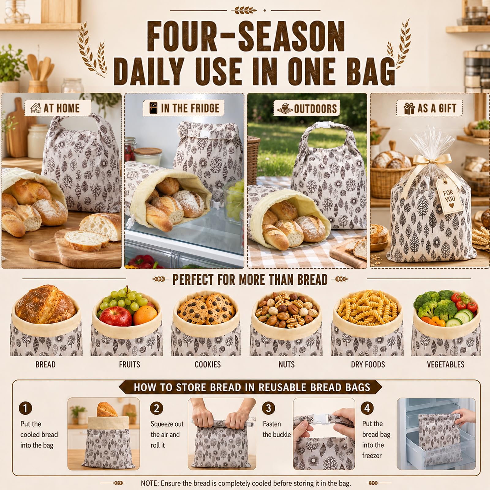 Sacchetti Di Pane in Cera D'api, Borsa Portaoggetti Riutilizzabile in Cotone Naturale, Per Congelatore E Frigorifero, Grande Capacità E Lavabile Per Fatti in Casa, Panetteria, Picnic (B,2 PACK)