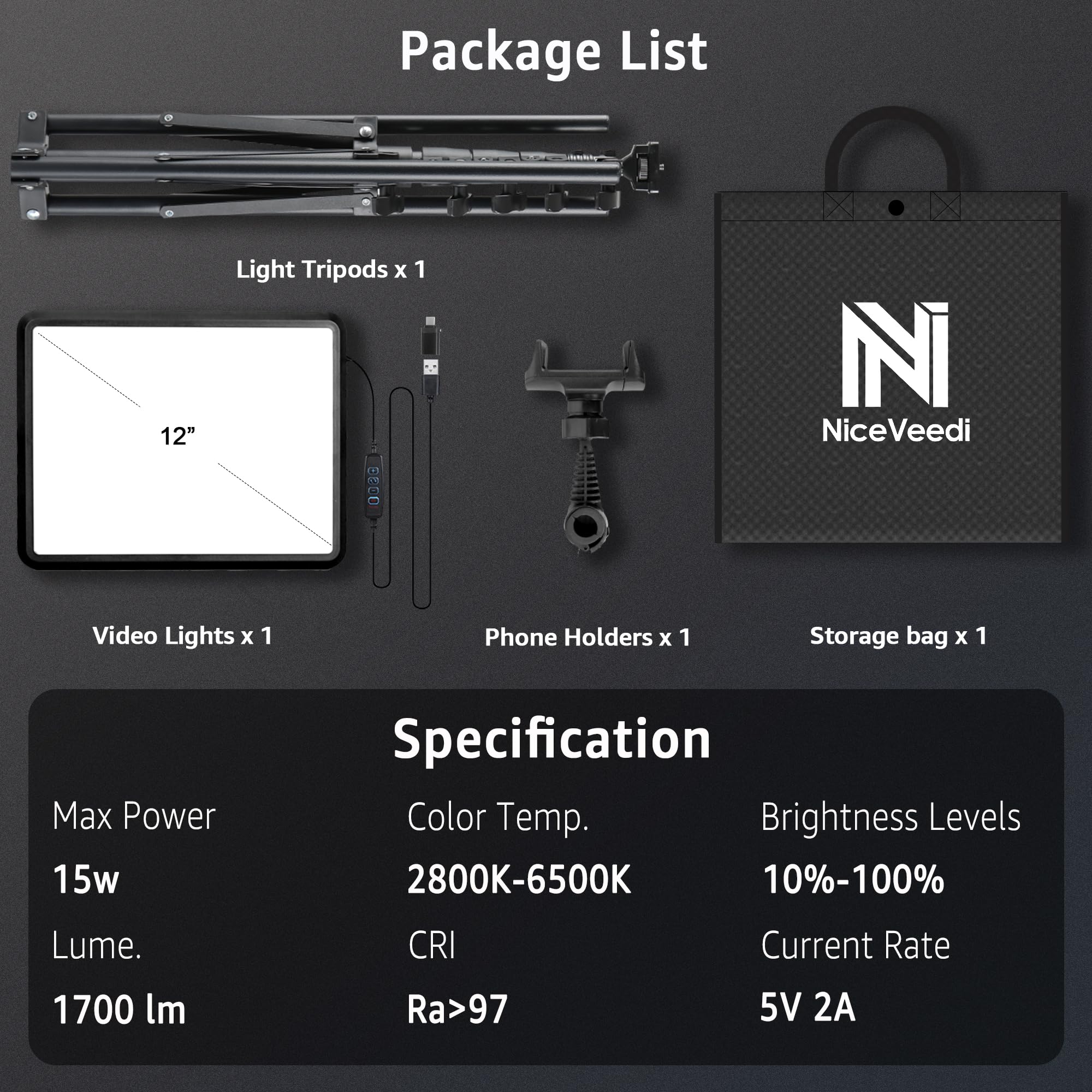 NiceVeedi 1-Pack Photography Lighting Kit, 2800-6500K Bi-Color LED Video Light Kit, Dimmable Studio Light with Tripod Stand & Phone Holder, Light for Video Recording, Game Streaming, YouTube: 15W-1 Pack (USB-C Adapter)