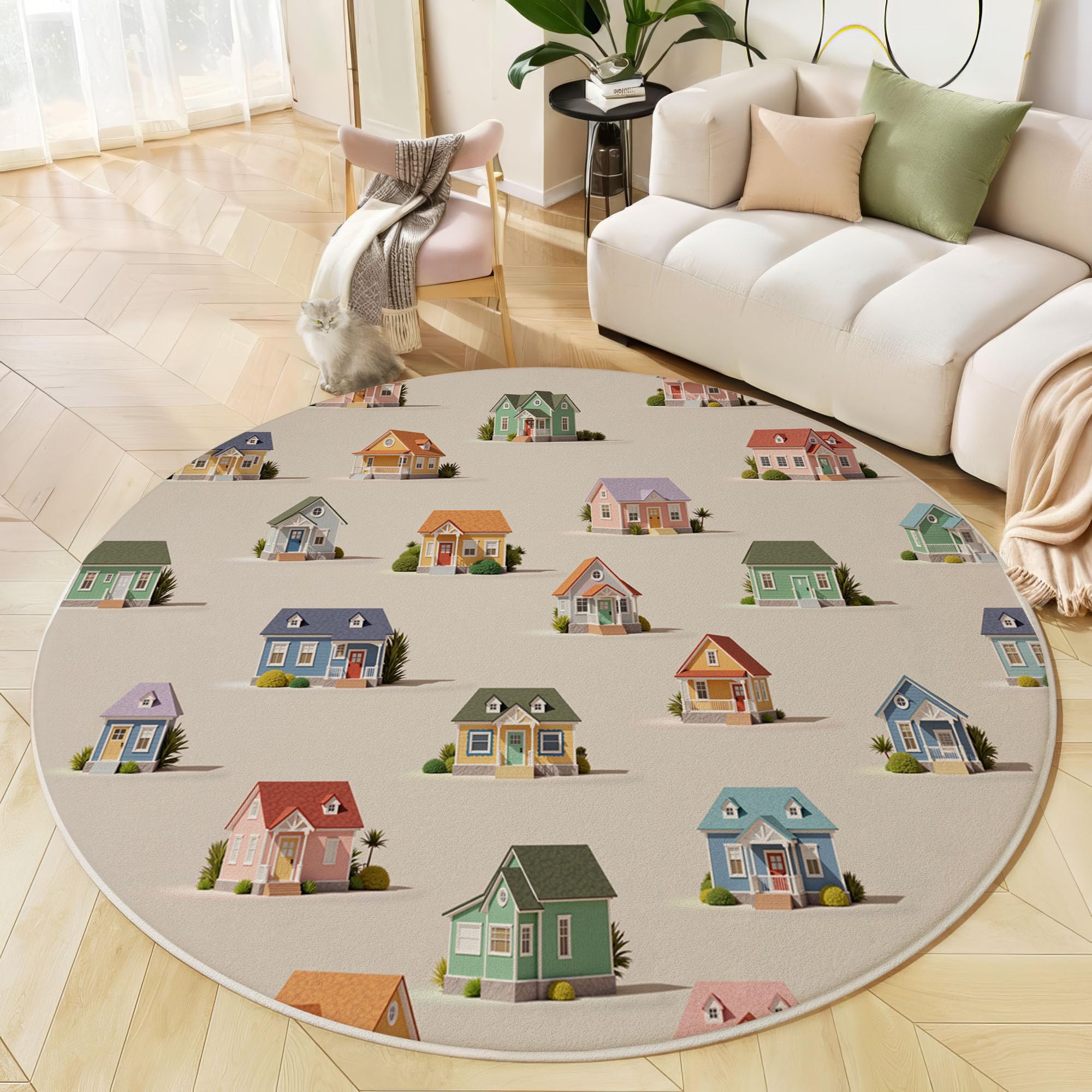 Tappeto Rotondo per Bambini, Morbido Costruzione Di Una Piccola Casa Cartone Animato Antiscivolo Grande Tappetino da Gioco, per Cameretta dei Bambini in Finta Cashmere, (Beige chiaro, 100cm )