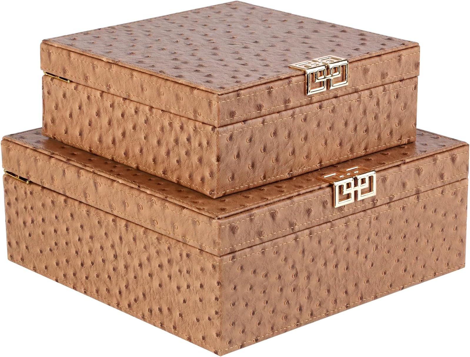 HofferRuffer Square Decorative Boxes, Set of 2 Nesting Storage Memory Keepsake Boxes with Lids, Stylish PU Leather Trinket Jewelry Organizer Box for Home Decor and Storage (Camel Ostrich)