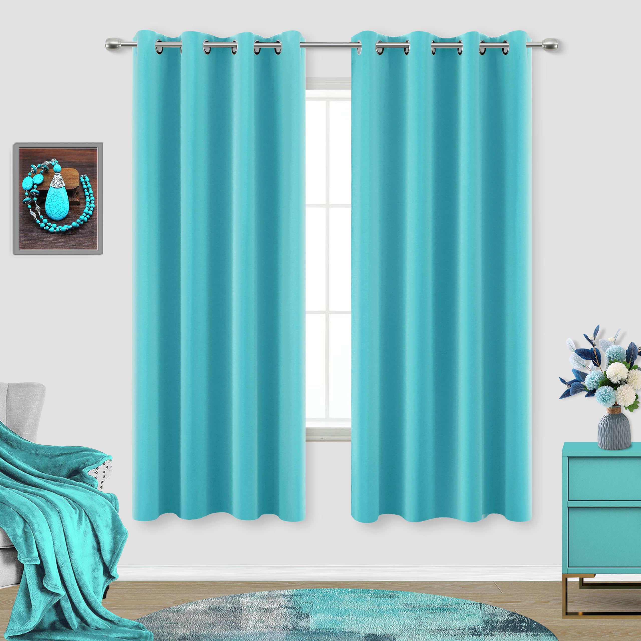 2 Panels Blackout Curtains with Eyelets, Thermal Insulated, Lightweight, Darkening Curtains 160 cm Long for Children's Bedroom, Living Room, Bedroom, Turquoise — image 1