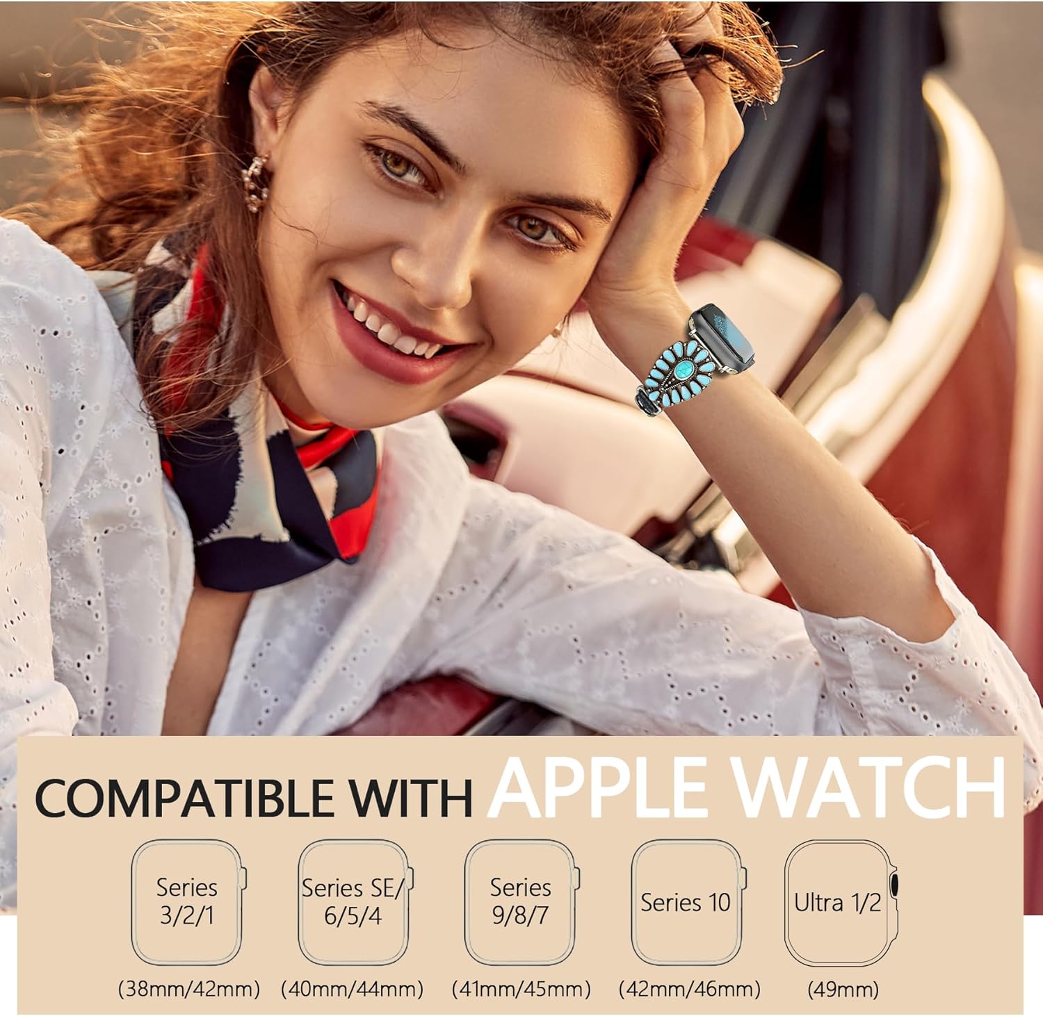 JR.DM Leather Band Compatible with Apple Watch Women 38/40/41/42/44/45/46/49mm Western Designer Boho Turquoise Retro Tribal Classic Straps for iWatch Series 10 9 8 7 6 5 4 3 2 1 SE Ultra - Image 7