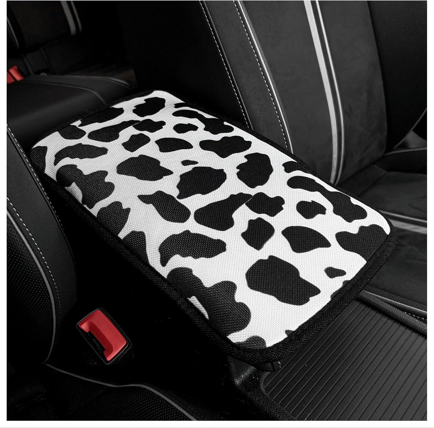 SuperKaKa Car Cow Print Armrest Cover-Cute Center Console Mat Cars Interior Accessories for Women Men,Protection Pad Fit Most Auto,Vehicle, SUV, Truck Arm Rest Box (Cow, Black)
