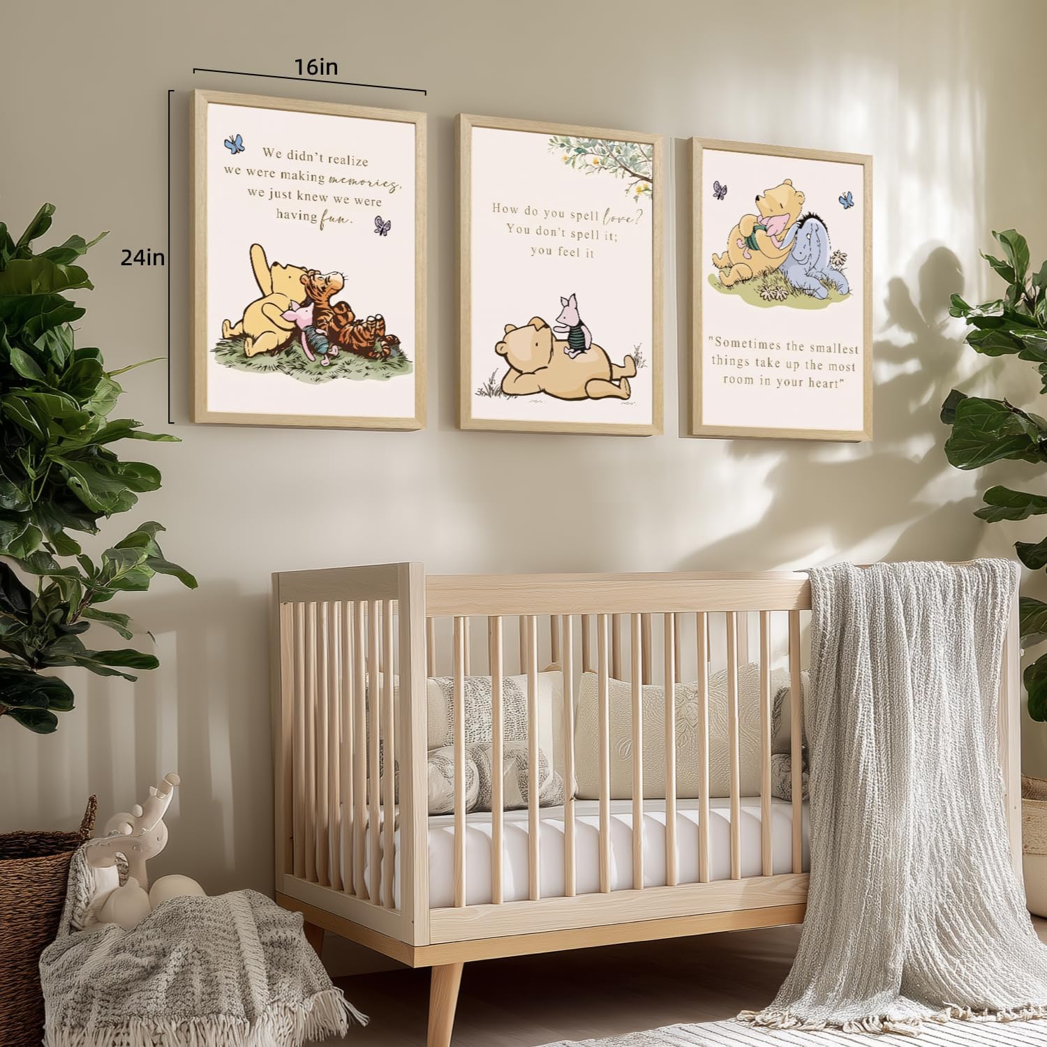 LERVR Wood Framed Bear Nursery Wall Art Set of 3, Cute Bear and Friends Storybook Canvas Print, Sweet Inspirational Quote Decor, Cartoon Animal Nursery Artwork for Kids RoomPlayroom 12x16 Inch
