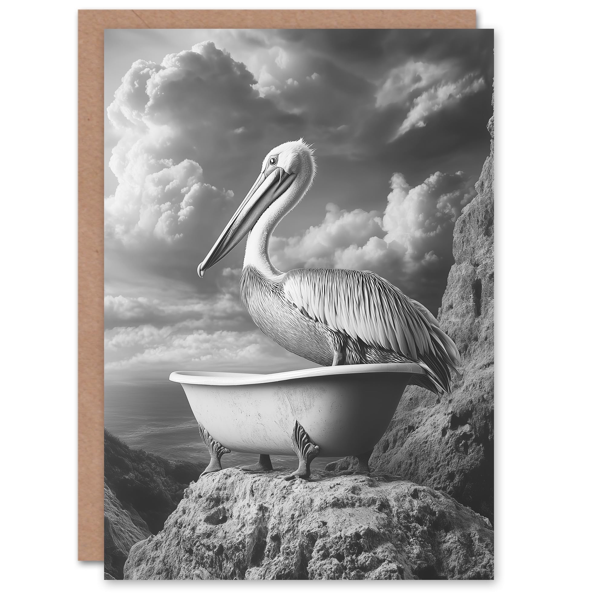 Artery8 Greeting Card Pelican Bird in Bathtub Black White Cliff Surreal Blank For Him Or Her Art Birthday Card