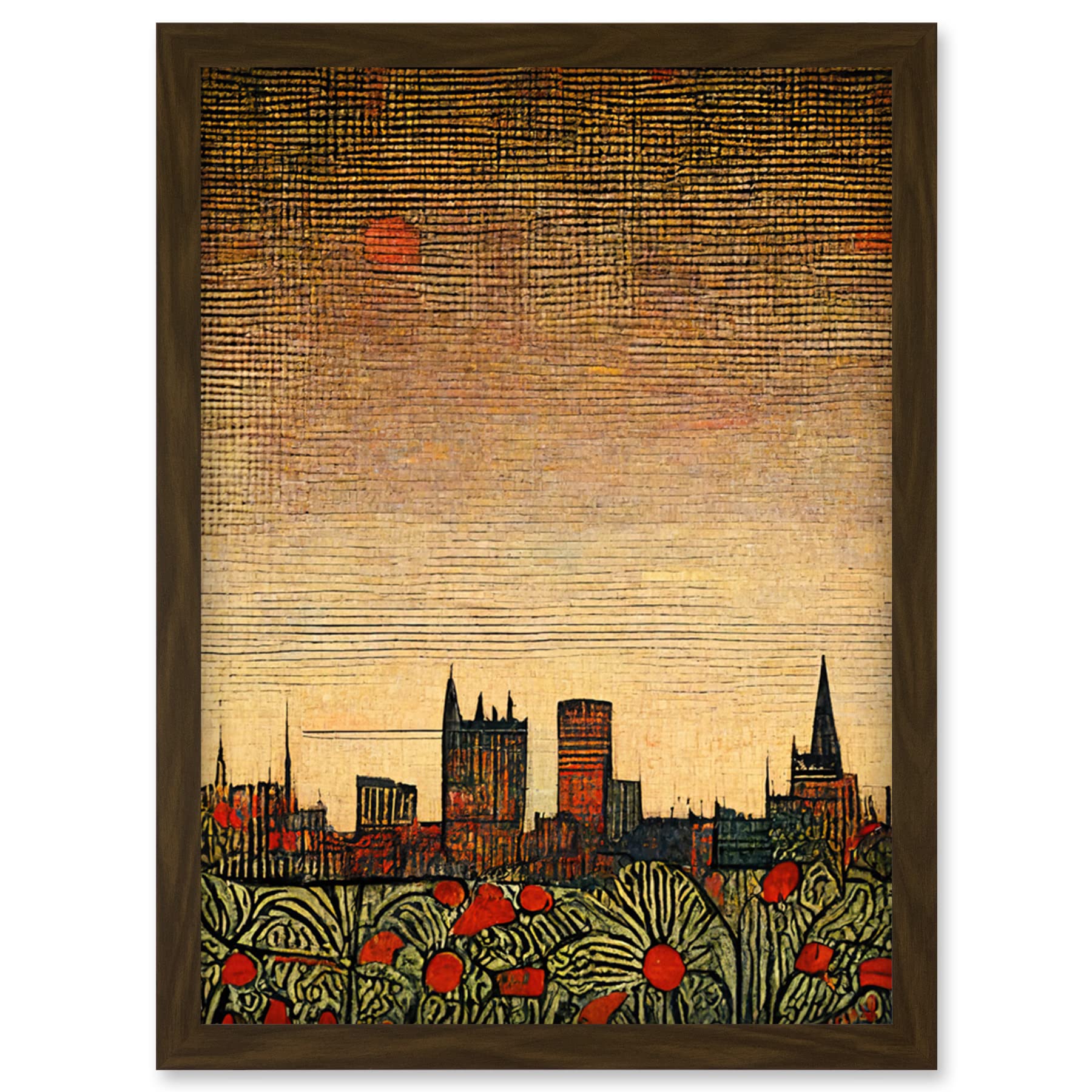 Doppelganger33 LTD Floral City Skyline Poppies William Morris Artwork Framed Wall Art Print A4