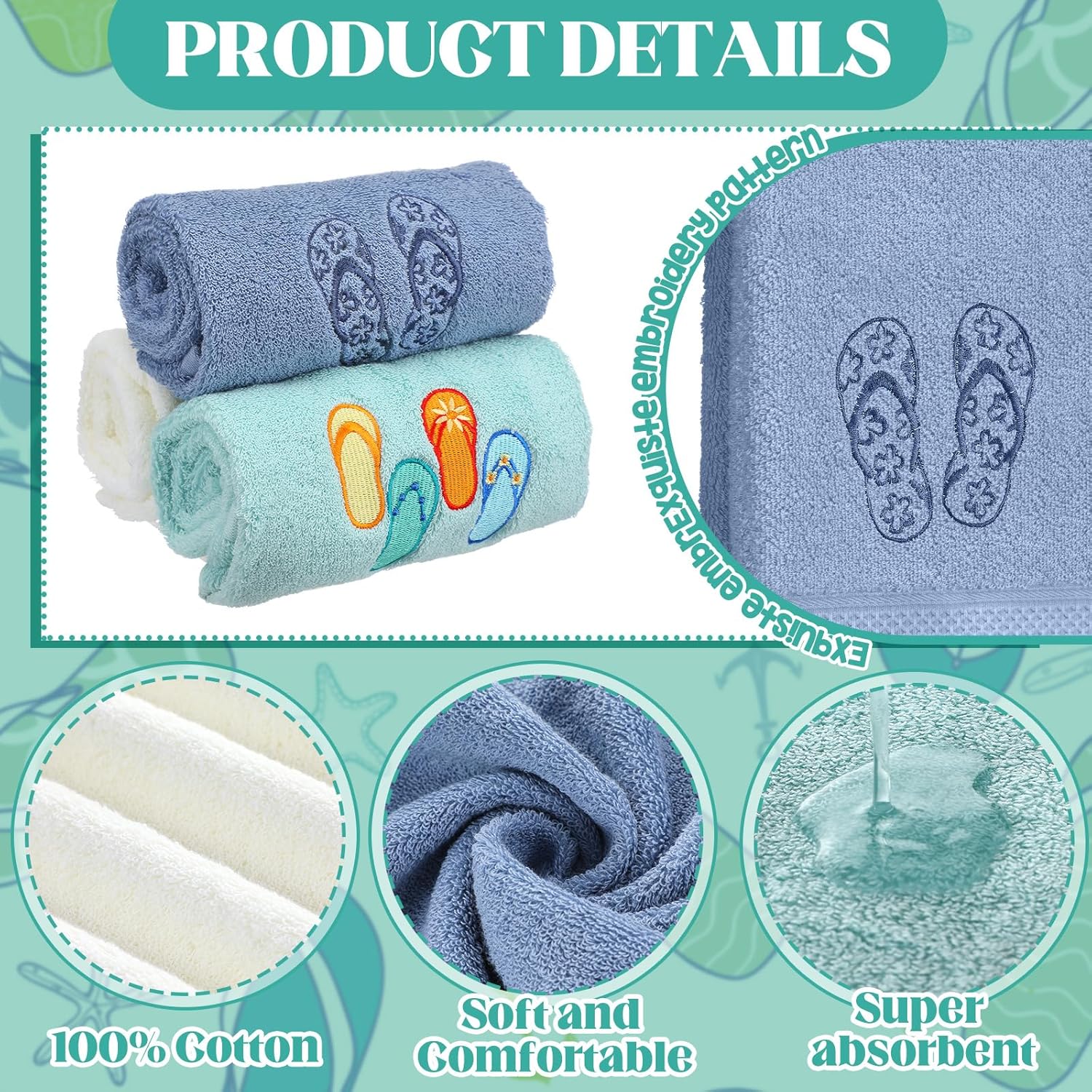 3 Pack Coastal Hand Towels for Bathroom 100% Cotton Embroidered Beach Bathroom Towels 13.78 x 29.53 Inch Soft Absorbent (Flip Flops) - Image 3