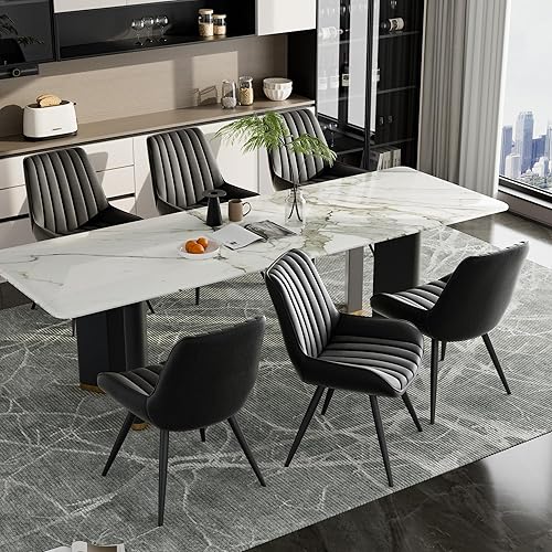 Miniatura 23 de Juego de 6 sillas de comedor Daluvenix, sillas de cocina de mediados de siglo modernas con cojín suave, sillas tapizadas cómodas de tela para Blanco