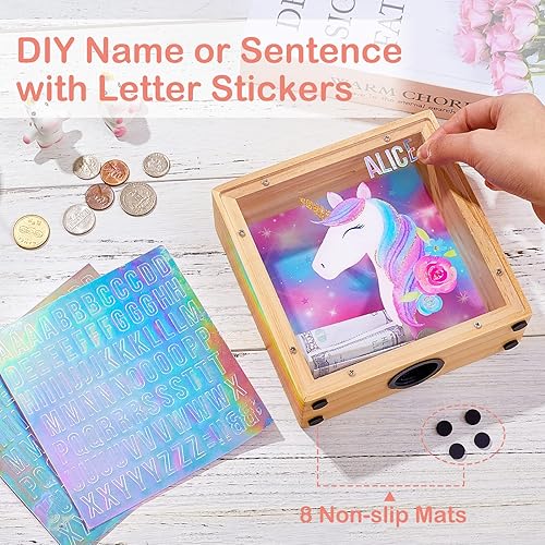 Miniatura 2 de Alcancía de madera para niñas banco de monedas con nombre de unicornio banco de dinero para niños y niñas con calcomanías de letras