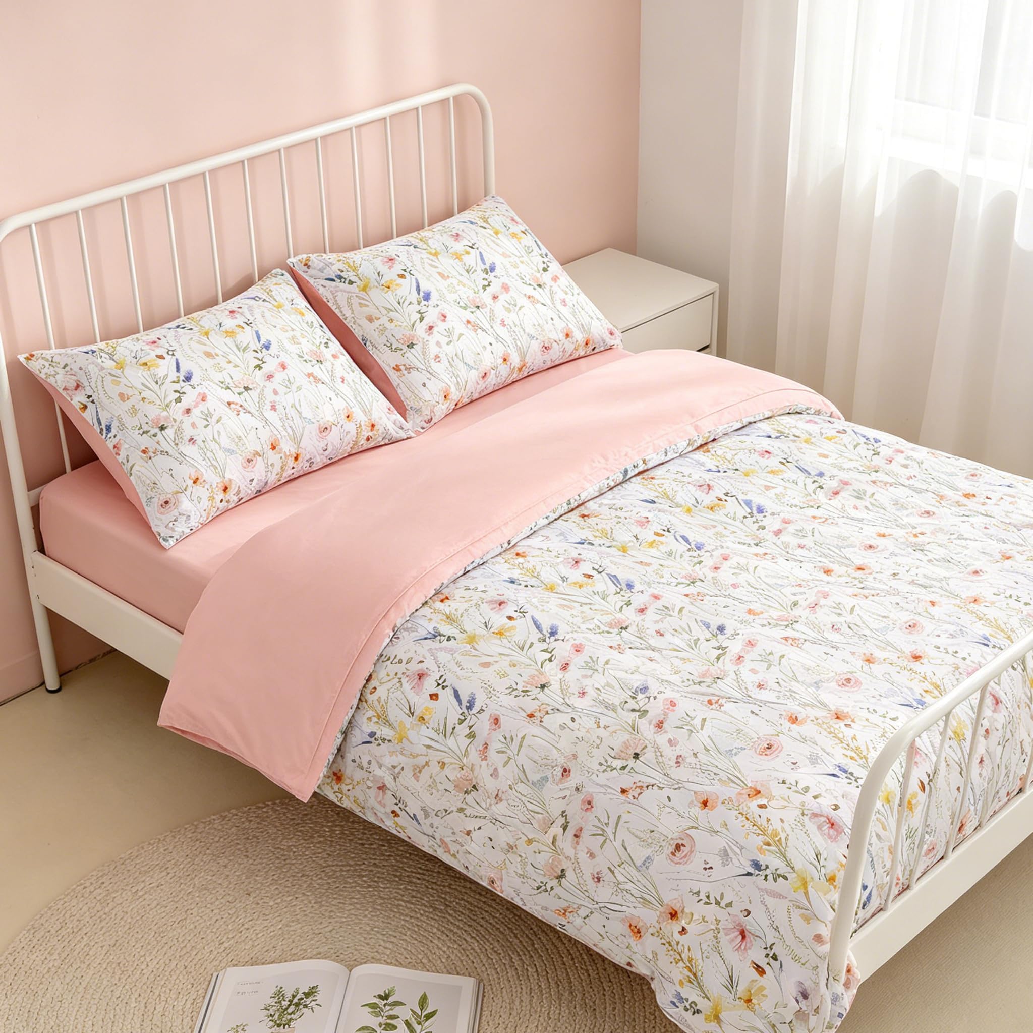 Twin Bedding Sets for Girls, 5 Piece Pink Boho Kids Comforter Set, Soft Microfiber Twin Bed in A Bag Includes Comforter, Flat Sheet, Fitted Sheet, 2 Pillowcase (Wildflower)