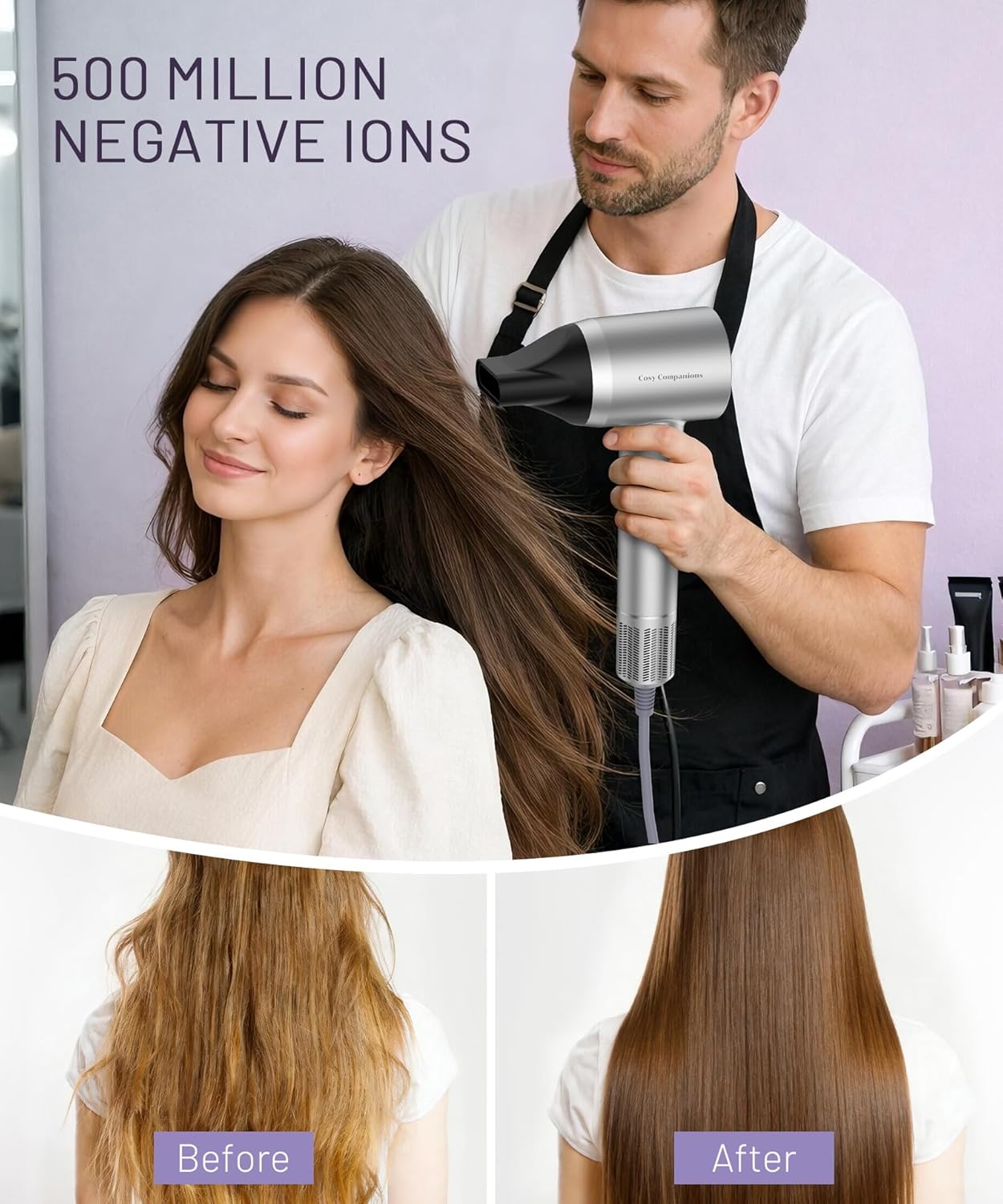 Cosy Companions High-Speed Ionic Hair Dryer, 150000 RPM Brushless Motor for 2-5Min Fast Drying, Low Noise Blow Dryer Reduces Frizz & Heat Damage, Lightweight Hair Dryer with Diffuser & Nozzle, Silvery - Image 6