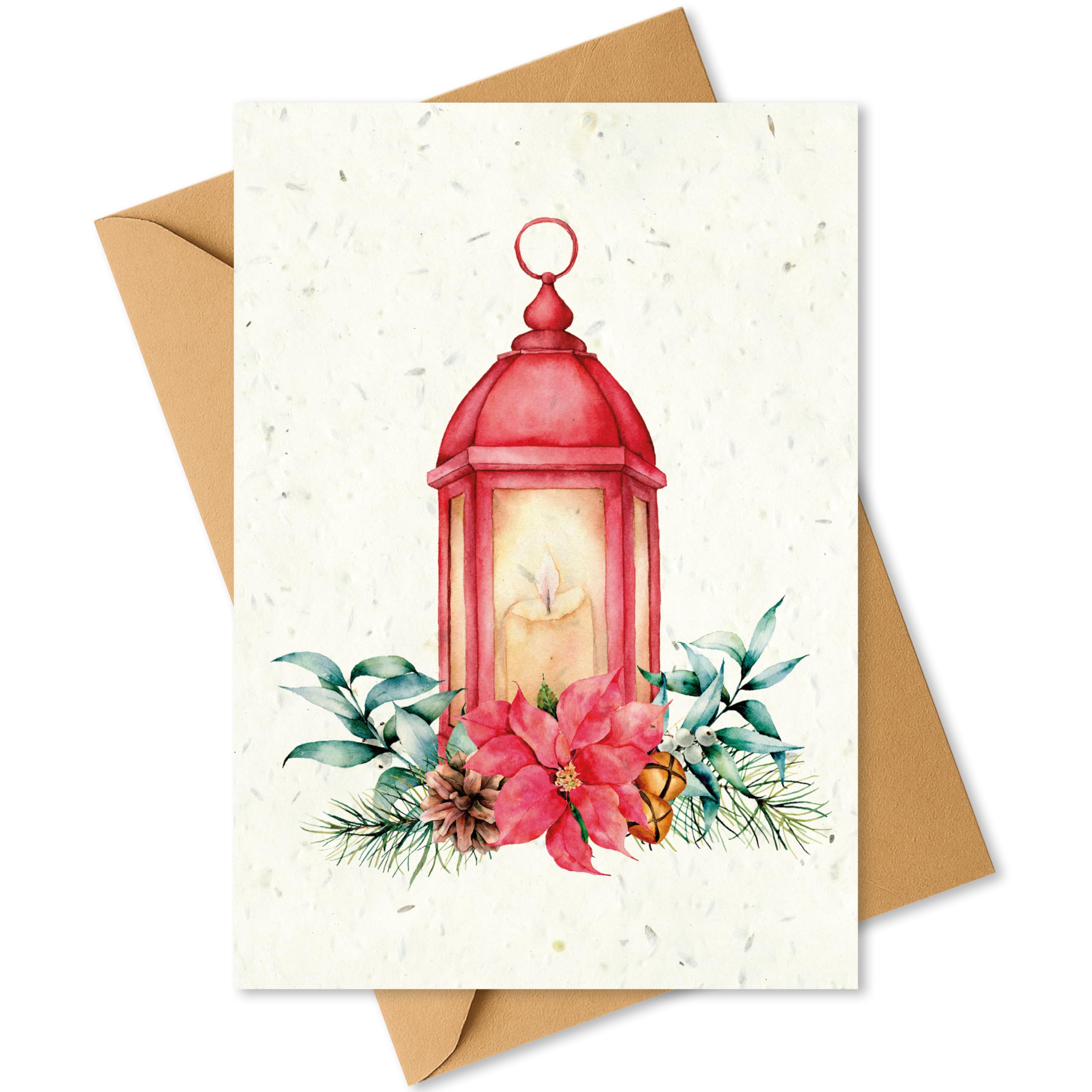 Plantable Christmas Card with Traditional Poinsettia Lantern Design – Eco Friendly Biodegradable Seed Paper Greeting Card, Zero Waste Christmas Card for Friends & Family (1 Card and Envelope)
