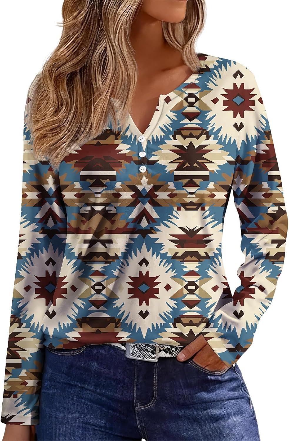 ZOCANIA Womens Long Sleeve T Shirts Western Aztec Tribal Print Casual Henley Tops Vintage Graphic Tees V Neck Blouse