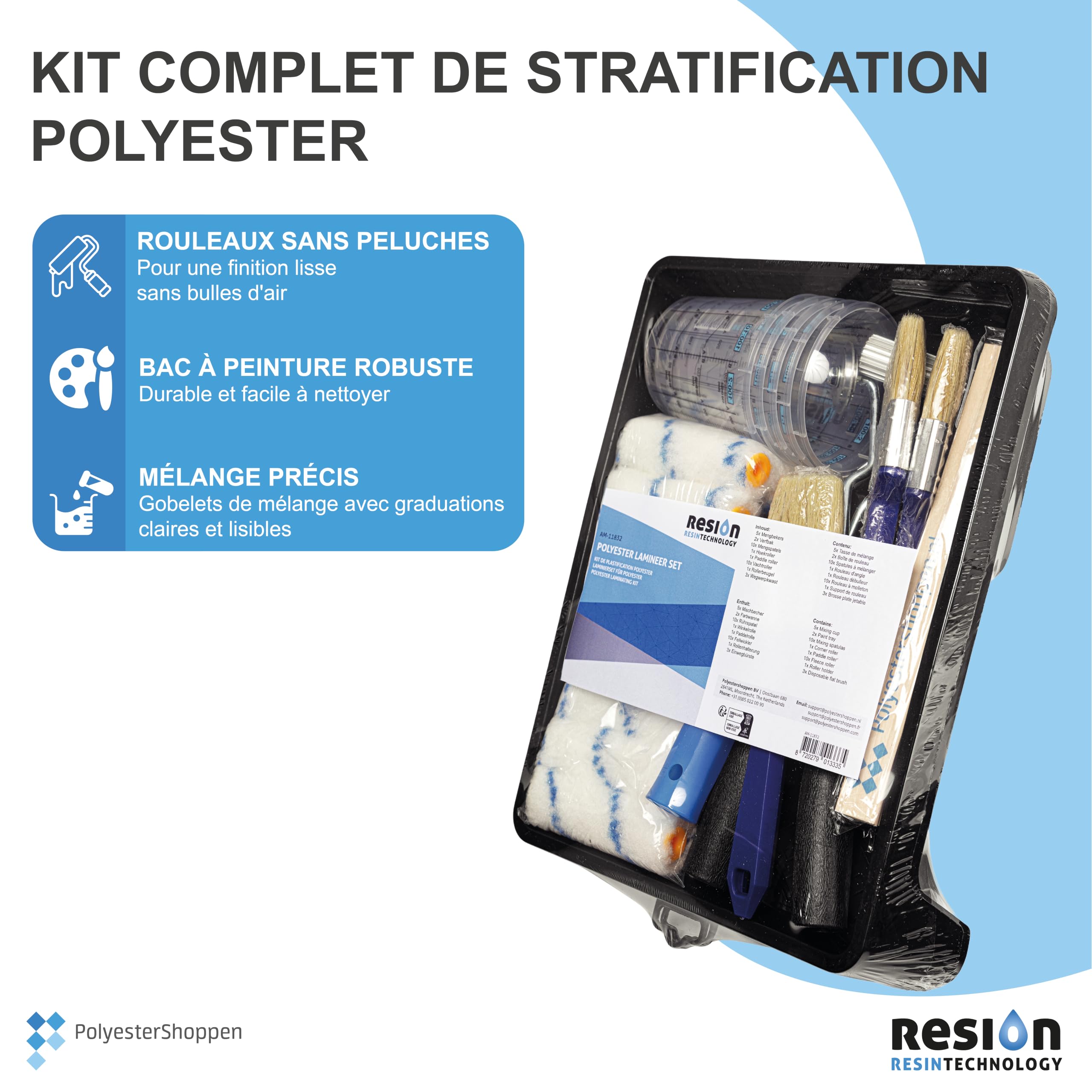 Kit d'outils très complet pour fibres composites - Rouleau de dégonflage - 10 rouleaux de plastification - 5 tasses à mélanger - 3 brosses plates - Pour fibre de verre, résine composite, GRP